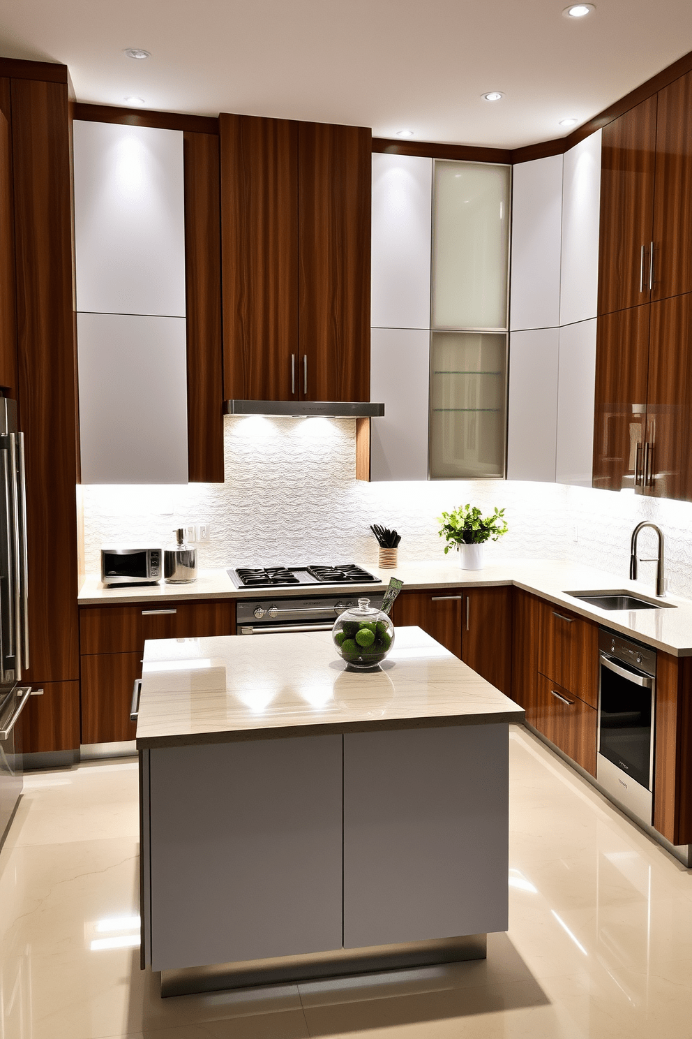 Bright lighting under cabinets creates a warm and inviting atmosphere in an L-shaped kitchen. The sleek cabinetry features a combination of wood and white finishes, enhancing the modern aesthetic while providing ample storage space. A large central island with bar seating complements the L-shape, perfect for casual dining and entertaining. Stainless steel appliances are seamlessly integrated, and the backsplash showcases elegant tiles that reflect the bright lighting.