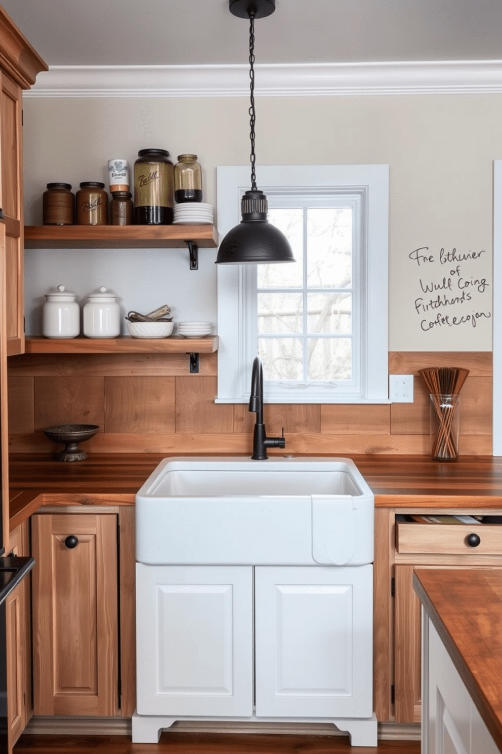 A farmhouse sink with rustic charm is the centerpiece of this L-shaped kitchen design. The cabinetry features distressed wood finishes, complemented by open shelving displaying artisanal dishware and vintage jars. The countertop is made of reclaimed wood, adding warmth and character to the space. Pendant lights with a matte black finish hang above the sink, illuminating the area and enhancing the inviting atmosphere.