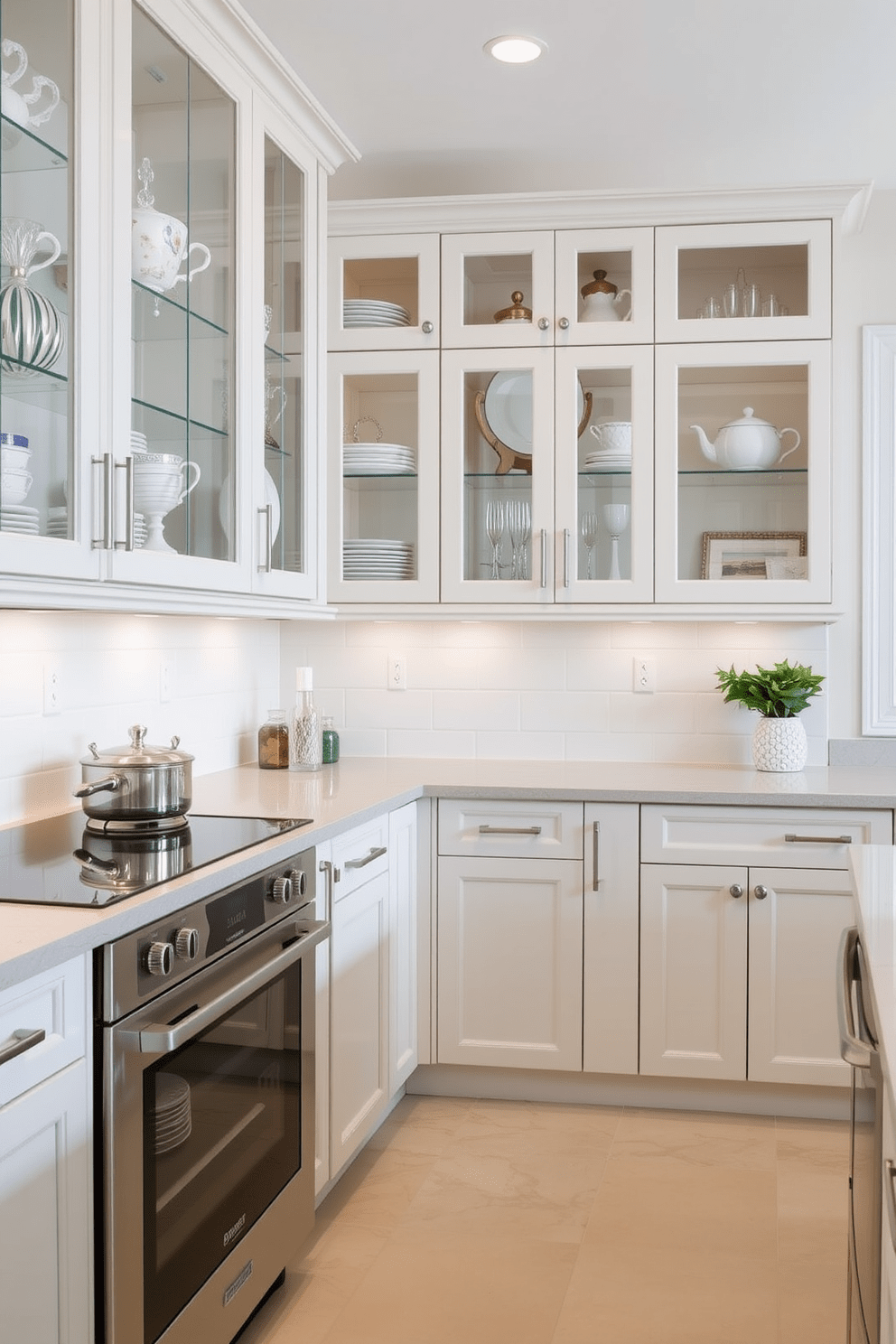 A stylish L-shaped kitchen features glass-front cabinets that showcase elegant dishware. The cabinets are complemented by a sleek countertop and modern appliances, creating a functional yet beautiful cooking space.