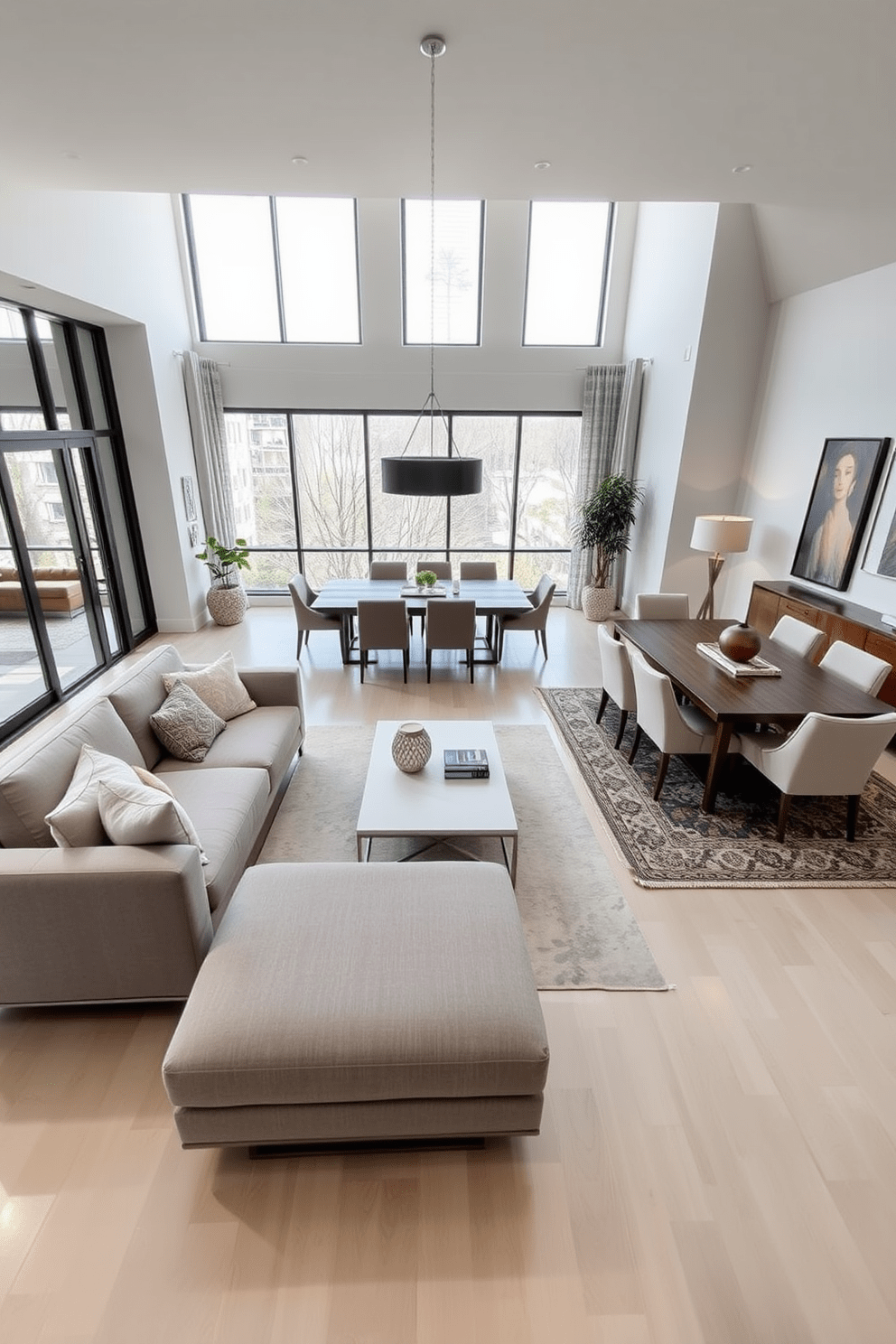 A spacious open concept living and dining area features a modern sectional sofa in a soft gray fabric facing a sleek coffee table. The dining area is highlighted by a large wooden table surrounded by elegant upholstered chairs, creating a seamless flow between the two spaces. Large windows allow natural light to flood the room, enhancing the airy atmosphere. A stylish area rug anchors the seating arrangement, while carefully chosen artwork adorns the walls, adding personality and warmth.