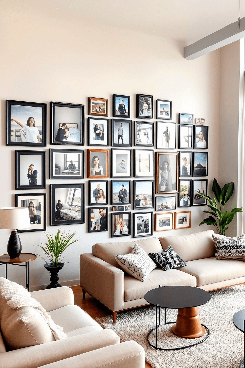 Create a gallery wall featuring personal photos that showcase memorable moments and experiences. Arrange the frames in an eclectic mix of sizes and styles for a dynamic visual impact. Design a spacious apartment that maximizes natural light and open space. Incorporate modern furniture pieces with a blend of textures and colors to create a welcoming atmosphere.