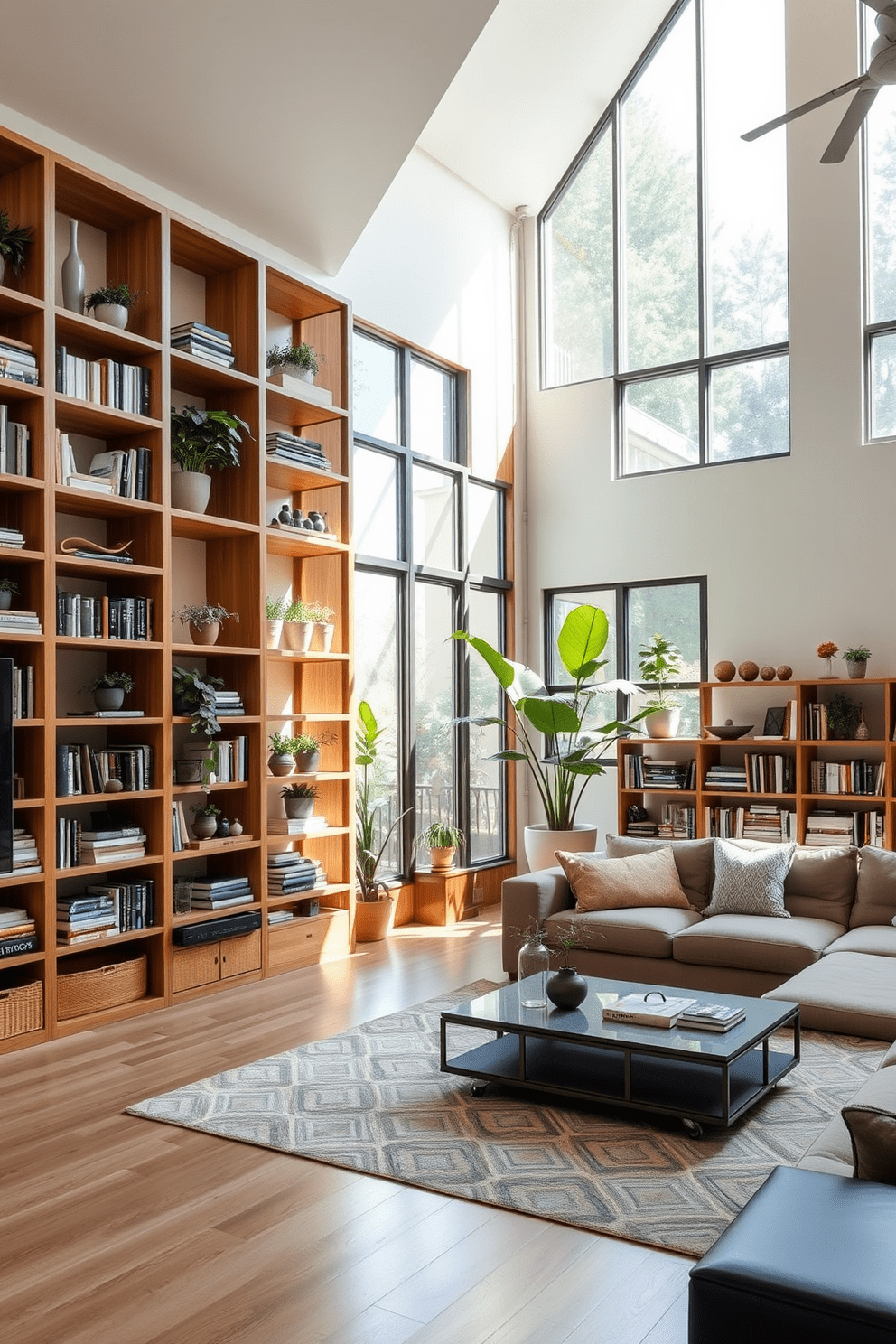 A spacious living room featuring custom shelving that showcases unique storage solutions. The shelves are filled with a mix of books, decorative items, and plants, creating an inviting atmosphere. The room has a modern aesthetic with a large sectional sofa and a sleek coffee table. Natural light floods in through oversized windows, highlighting the warm wood tones of the shelving.