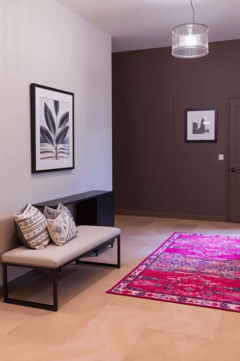 A stylish entryway features a sleek console table against a wall adorned with framed artwork. A plush bench with decorative cushions sits nearby, inviting guests to sit and remove their shoes. The flooring consists of large-format tiles in a warm neutral tone, complemented by a vibrant area rug that adds a pop of color. A statement pendant light hangs from the ceiling, illuminating the space and enhancing the welcoming atmosphere.