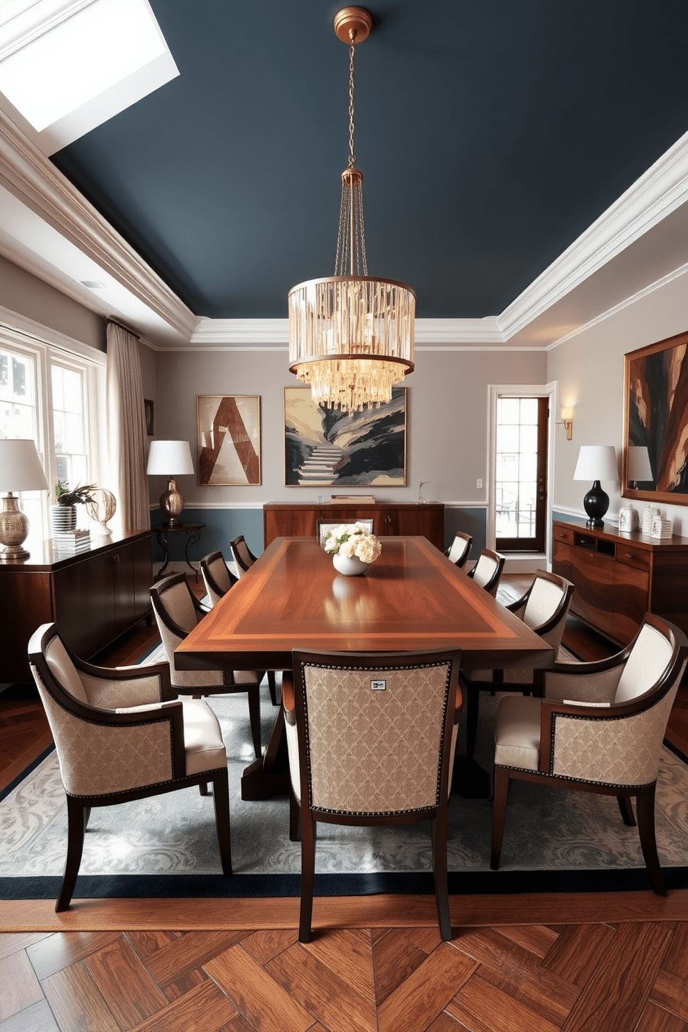 A spacious dining area features a large rectangular wooden table surrounded by elegant upholstered chairs. A statement chandelier hangs above the table, casting a warm glow over the space, while large windows allow natural light to fill the room. The walls are adorned with tasteful artwork that complements the overall color scheme, creating a harmonious atmosphere. A stylish sideboard is positioned against one wall, showcasing decorative items and providing additional storage for dining essentials.