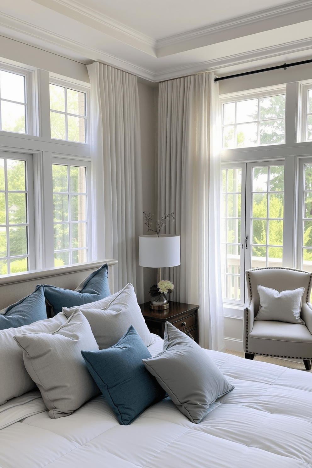 Create a serene bedroom retreat atmosphere. The room features a king-sized bed with a plush white duvet and an assortment of soft pillows in shades of blue and gray. Natural light floods in through large windows adorned with sheer curtains. A cozy reading nook with a comfortable armchair and a small side table is positioned by the window, inviting relaxation.