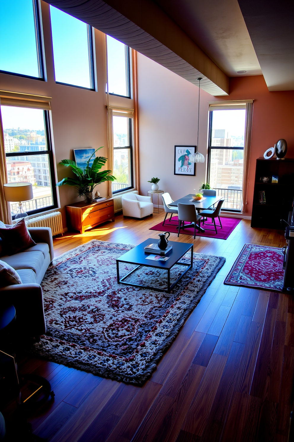 A spacious living area featuring distinct zones defined by area rugs. The first zone includes a cozy seating arrangement with a plush area rug underneath a modern coffee table, while the second zone showcases a dining area with a stylish rug that complements the dining set. The color palette is a blend of warm neutrals and bold accents, creating a harmonious atmosphere. Large windows allow natural light to flood the space, enhancing the inviting ambiance throughout the apartment.