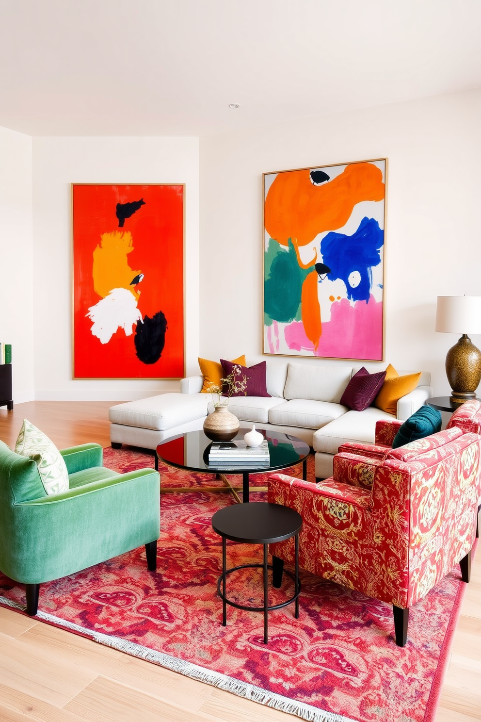 A spacious living room featuring large statement artwork pieces that serve as focal points in the design. The walls are painted in a soft neutral tone to enhance the vibrancy of the artwork, while plush seating arrangements create an inviting atmosphere. The layout includes a sleek sectional sofa paired with colorful accent chairs, arranged around a modern coffee table. A stylish area rug anchors the space, complementing the bold art pieces displayed prominently on the walls.