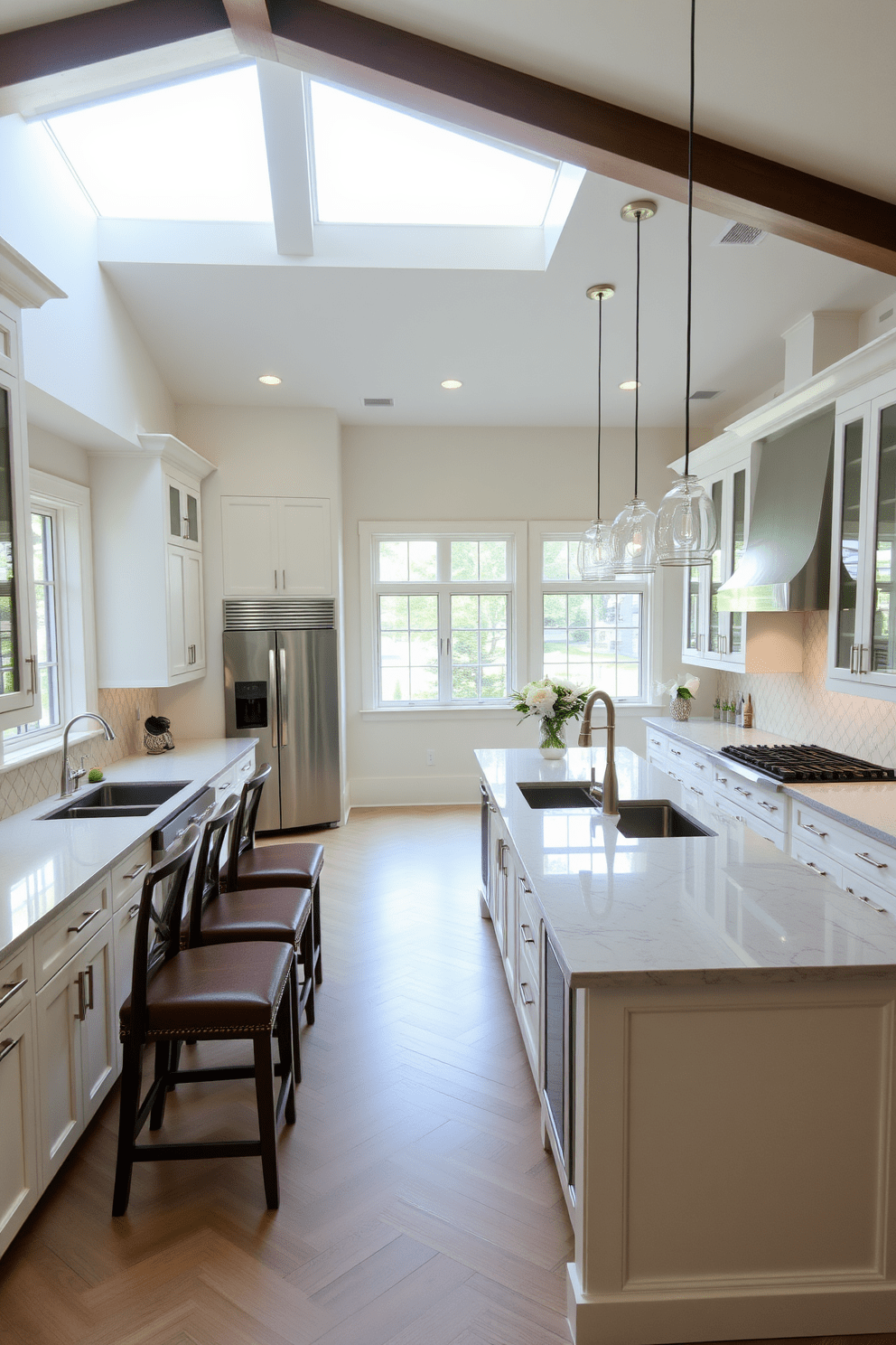 Design a spacious kitchen featuring a large central island with seating for four. The cabinetry is a soft white with brushed nickel hardware, and the countertops are made of elegant quartz. The kitchen includes stainless steel appliances and a stylish backsplash in a herringbone pattern. Large windows allow natural light to flood the space, enhancing the airy atmosphere.