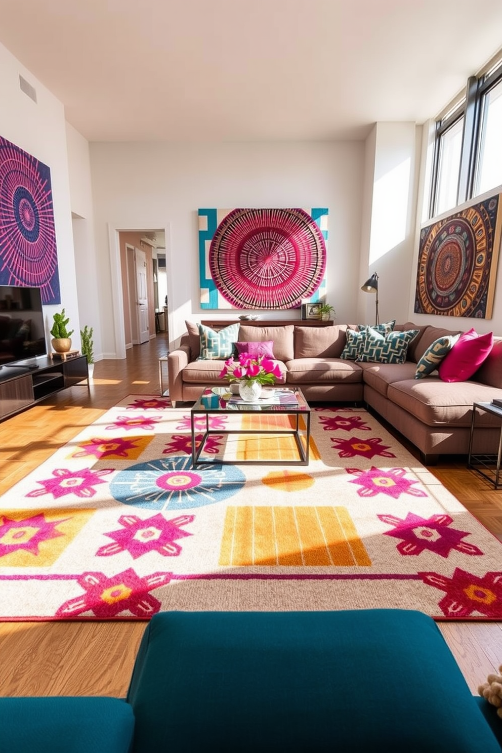 A large apartment living room featuring bold patterns in textiles and decor. The space includes a vibrant area rug with geometric designs, complemented by colorful throw pillows on a modern sectional sofa. On the walls, there are large-scale art pieces that incorporate similar bold patterns, creating a cohesive look. Floor-to-ceiling windows allow natural light to illuminate the room, enhancing the colors and textures throughout the space.