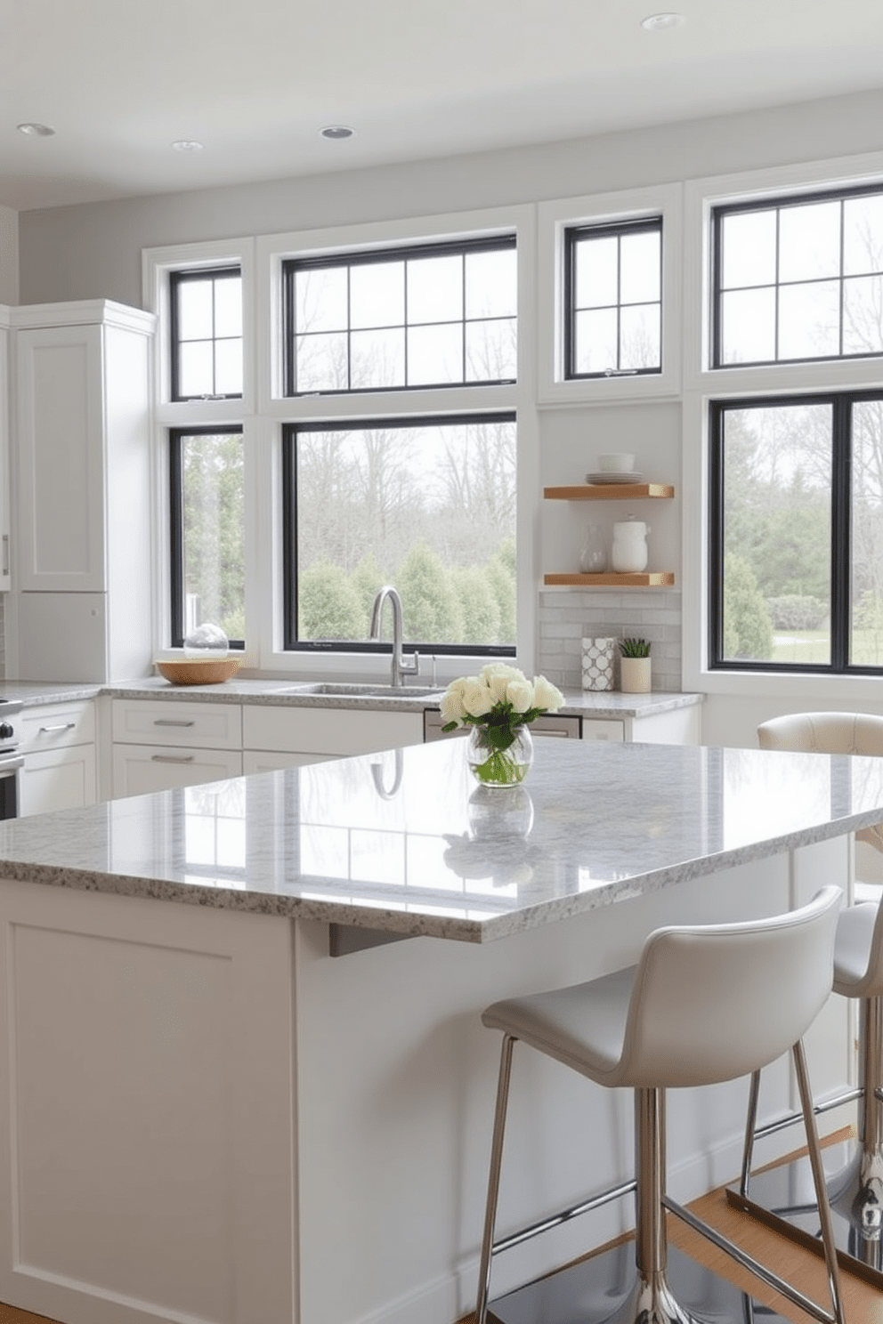 Create an open kitchen with bar seating that features a spacious island topped with polished granite. The cabinetry is a sleek white with brushed nickel hardware, and large windows allow natural light to flood the space. Incorporate modern bar stools with a minimalist design that complement the kitchen's aesthetic. The backsplash is a stylish subway tile in a soft gray, adding a touch of elegance to the overall look.