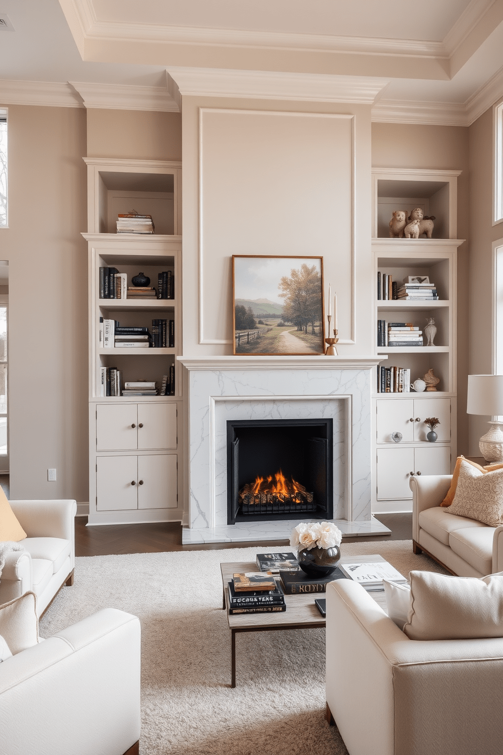 A spacious living area with an elegant fireplace as the focal point. The fireplace is framed in sleek marble, surrounded by built-in shelves filled with books and decorative items. Soft, neutral tones dominate the color palette, creating a warm and inviting atmosphere. Large windows allow natural light to flood the room, highlighting the plush furnishings and tasteful artwork.