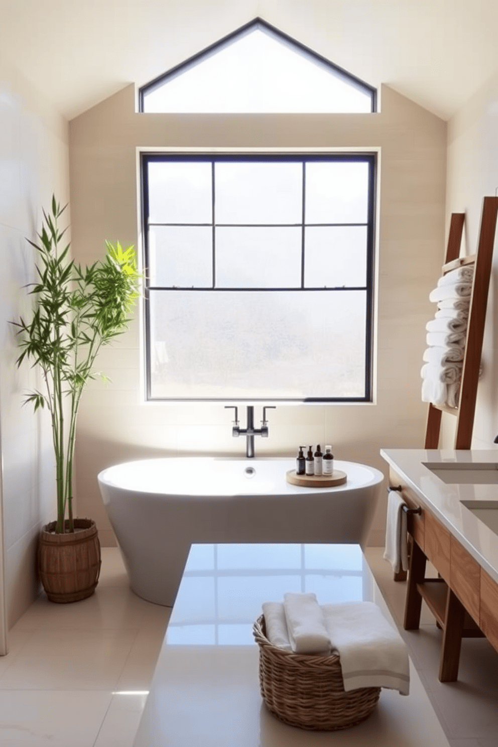 A serene spa-like bathroom retreat featuring a freestanding soaking tub positioned beneath a large window that allows natural light to flood the space. The walls are adorned with soft beige tiles, and a bamboo plant adds a touch of greenery in the corner. The double vanity is crafted from reclaimed wood with a smooth quartz countertop, complemented by sleek black fixtures. Soft, fluffy towels are neatly arranged on a wooden ladder, and a woven basket holds organic bath products for a tranquil atmosphere.