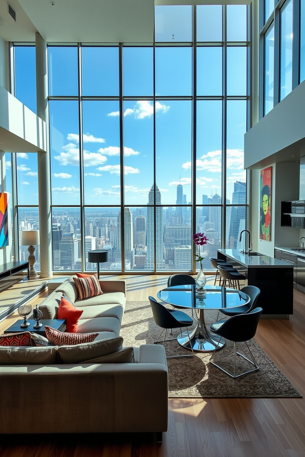 A spacious apartment filled with natural light from large floor-to-ceiling windows that offer stunning views of the city skyline. The open layout features a modern living area with a plush sectional sofa and a sleek coffee table, complemented by vibrant artwork on the walls. The kitchen boasts high-end appliances and a large island with bar seating, creating an inviting space for entertaining guests. A cozy dining area with a stylish table and designer chairs is positioned near the windows, enhancing the overall ambiance of the apartment.