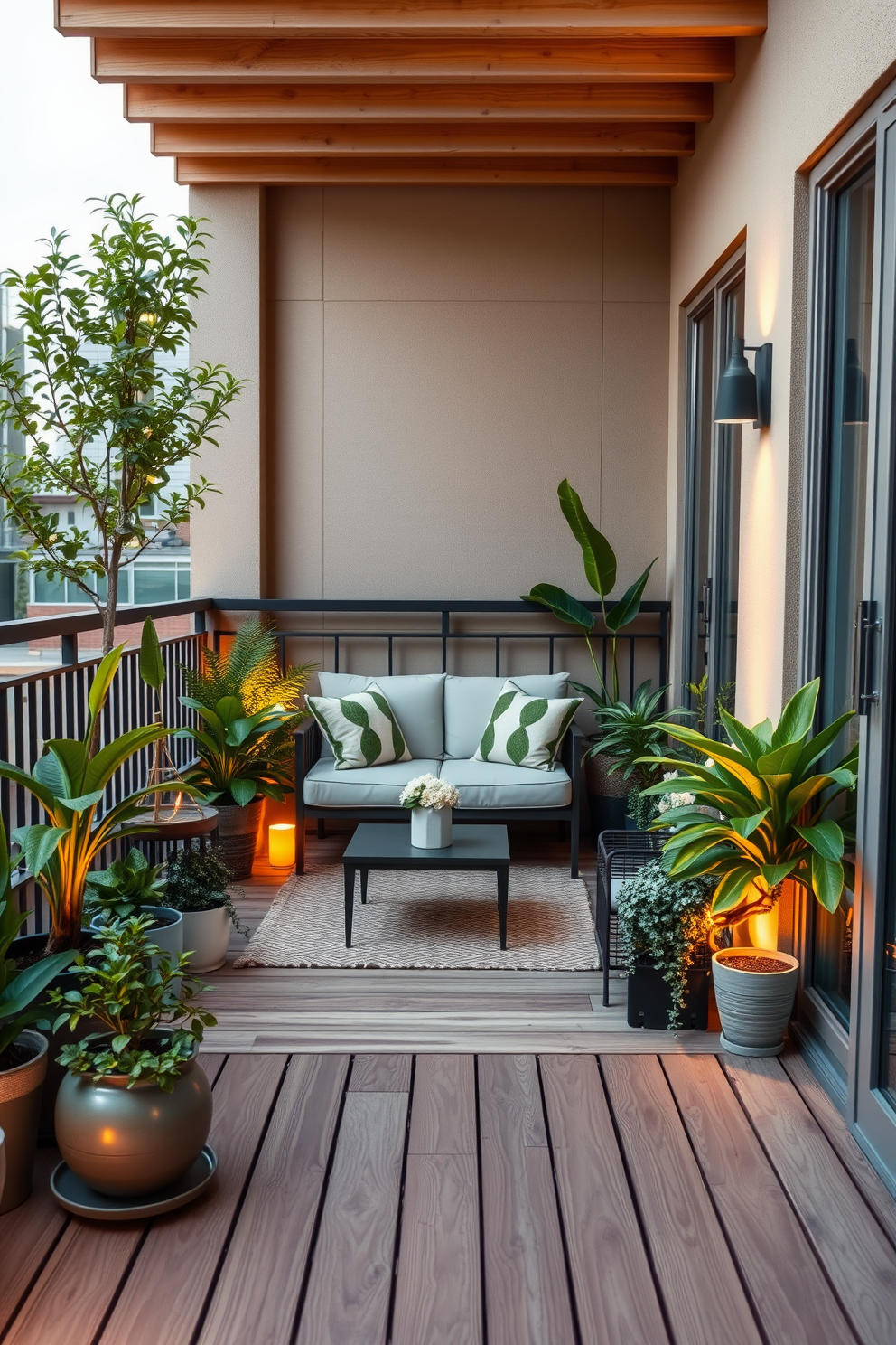 A serene balcony setting designed for relaxation. It features comfortable outdoor furniture, including a cozy loveseat and a small coffee table surrounded by lush potted plants. The floor is adorned with natural wood decking, creating a warm and inviting atmosphere. Soft lighting is integrated into the space, enhancing the ambiance during the evening hours.