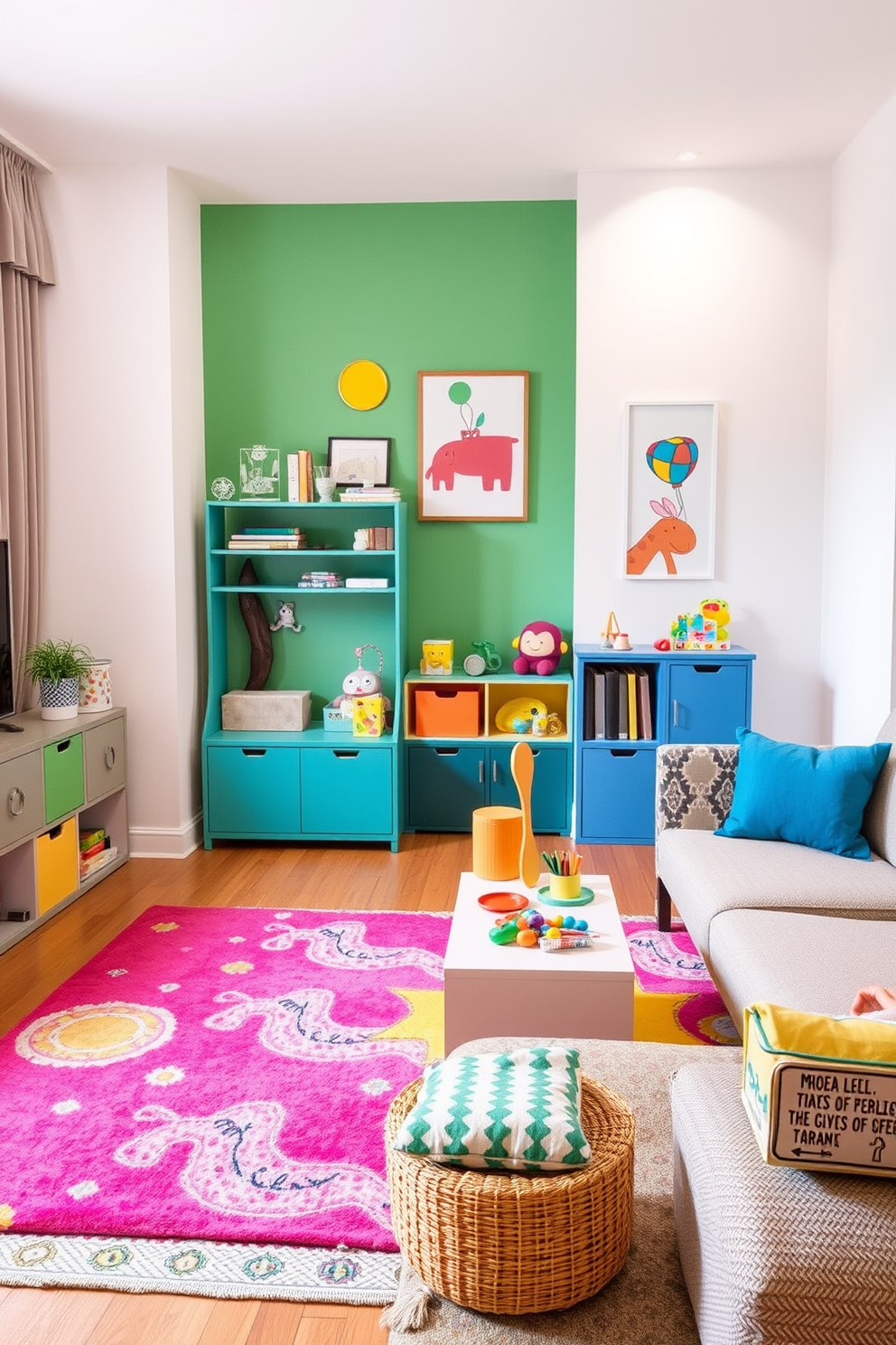 Create a vibrant child-friendly play area in the living room that encourages creativity and fun. Include colorful rugs, soft seating, and storage solutions for toys, ensuring the space is safe and inviting. Incorporate playful artwork on the walls and a small table for arts and crafts activities. Use bright colors and playful patterns to stimulate the child's imagination while maintaining a cohesive design with the rest of the apartment.