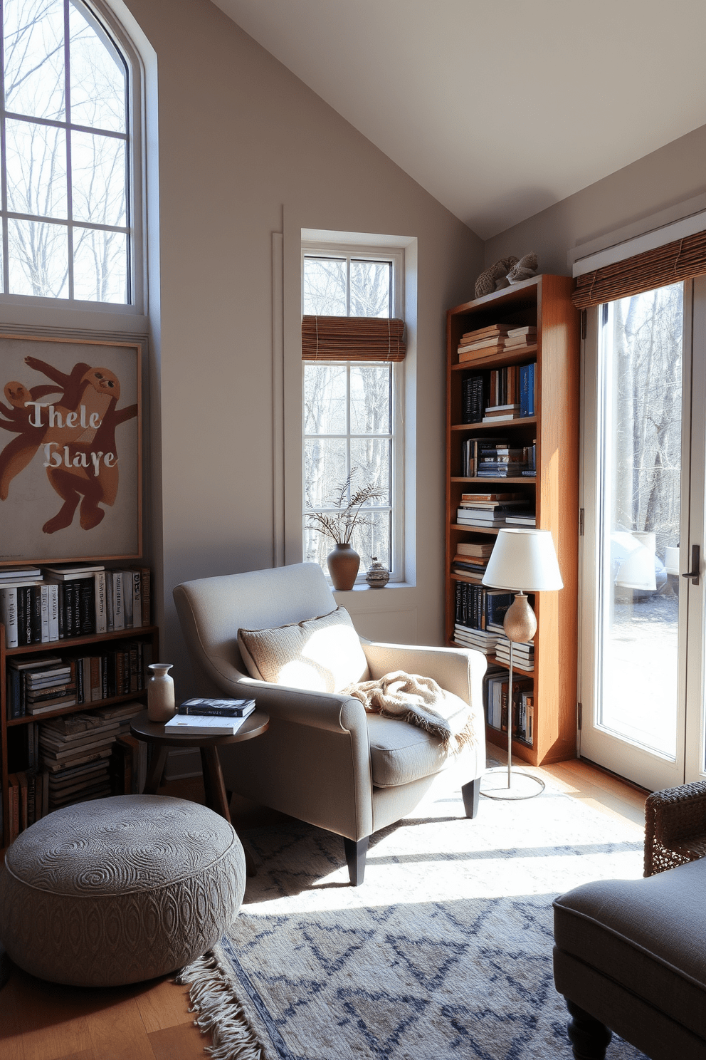 Create a cozy reading nook by large windows that allow natural light to flood the space. Include a plush armchair in a soft fabric, a small side table for books and a warm throw draped over the chair. Position a tall bookshelf filled with an array of books and decorative items nearby. Add a soft area rug underfoot to define the space and enhance comfort.