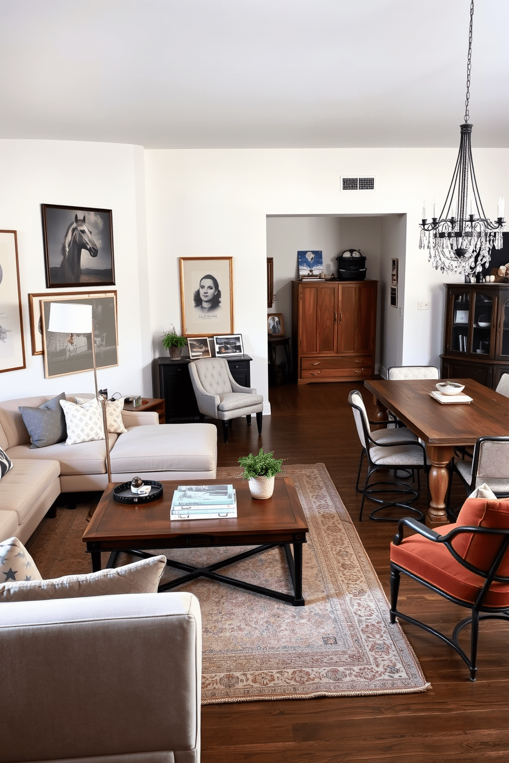 A spacious living area featuring a blend of modern and vintage furniture styles. A sleek sectional sofa in a neutral tone contrasts with a vintage wooden coffee table adorned with decorative books and a small potted plant. In one corner, a contemporary floor lamp stands beside an antique armchair, creating a cozy reading nook. The walls are adorned with a mix of modern art pieces and vintage photographs, adding character to the space. The dining area showcases a large, rustic wooden table surrounded by a combination of modern metal chairs and vintage upholstered ones. A statement chandelier hangs above, providing an elegant focal point while enhancing the eclectic atmosphere.