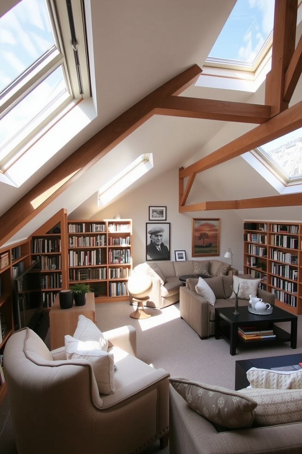 Cozy reading nook with skylights. A plush armchair is positioned next to a small wooden side table, inviting relaxation. Soft, natural light floods the space through large skylights, enhancing the warm tones of the room. Bookshelves line the walls, filled with an array of books and decorative items. Large attic design ideas. The attic features exposed wooden beams that add character to the space. A comfortable lounge area is created with a sectional sofa and a coffee table, perfect for gatherings or quiet evenings.