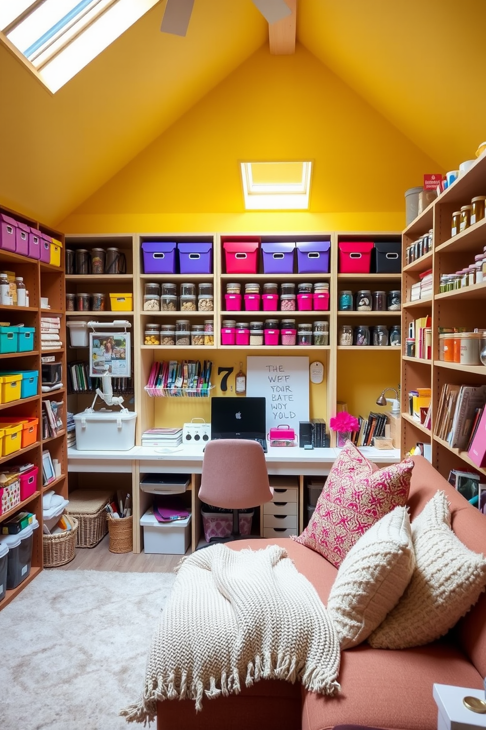 A creative craft room filled with organized supplies. The walls are painted in a cheerful yellow, and shelves are lined with colorful bins and jars of crafting materials. Large attic design ideas featuring cozy nooks and ample storage. The space is illuminated by skylights, and a comfortable seating area is adorned with plush cushions and a soft throw blanket.