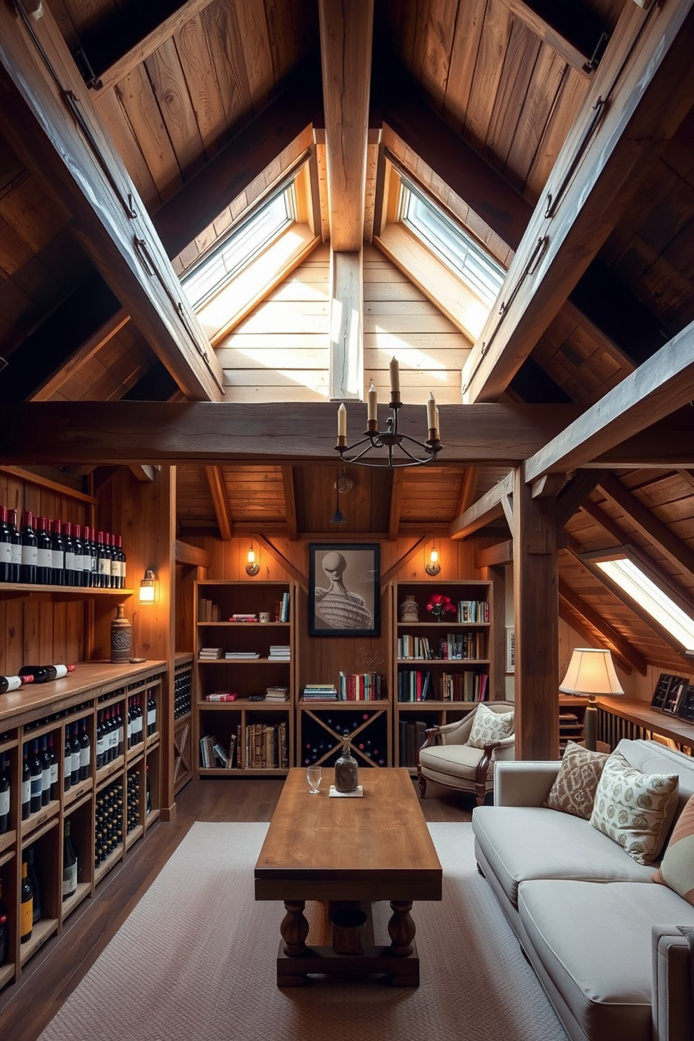 A rustic wine cellar featuring exposed wooden beams and a warm, inviting atmosphere. The walls are lined with reclaimed wood shelves displaying an array of wine bottles, complemented by a sturdy wooden tasting table in the center. A spacious attic designed for relaxation and creativity, showcasing a cozy reading nook with plush seating. The room is illuminated by natural light streaming through skylights, highlighting the wooden beams and soft, neutral color palette.