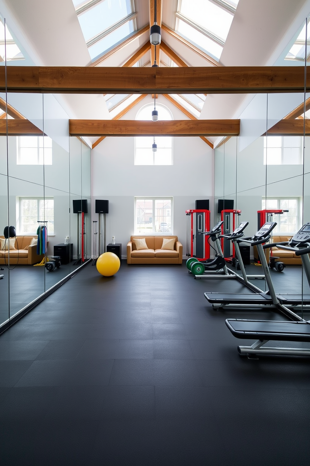 A modern workout space featuring mirrored walls that create an illusion of space and brightness. The flooring is a durable rubber material, and colorful gym equipment is neatly arranged, providing an inviting atmosphere for fitness enthusiasts. Large attic design ideas that transform the space into a cozy retreat. The design includes exposed wooden beams, a comfortable seating area with plush cushions, and large windows that allow natural light to flood in, creating a warm and inviting ambiance.