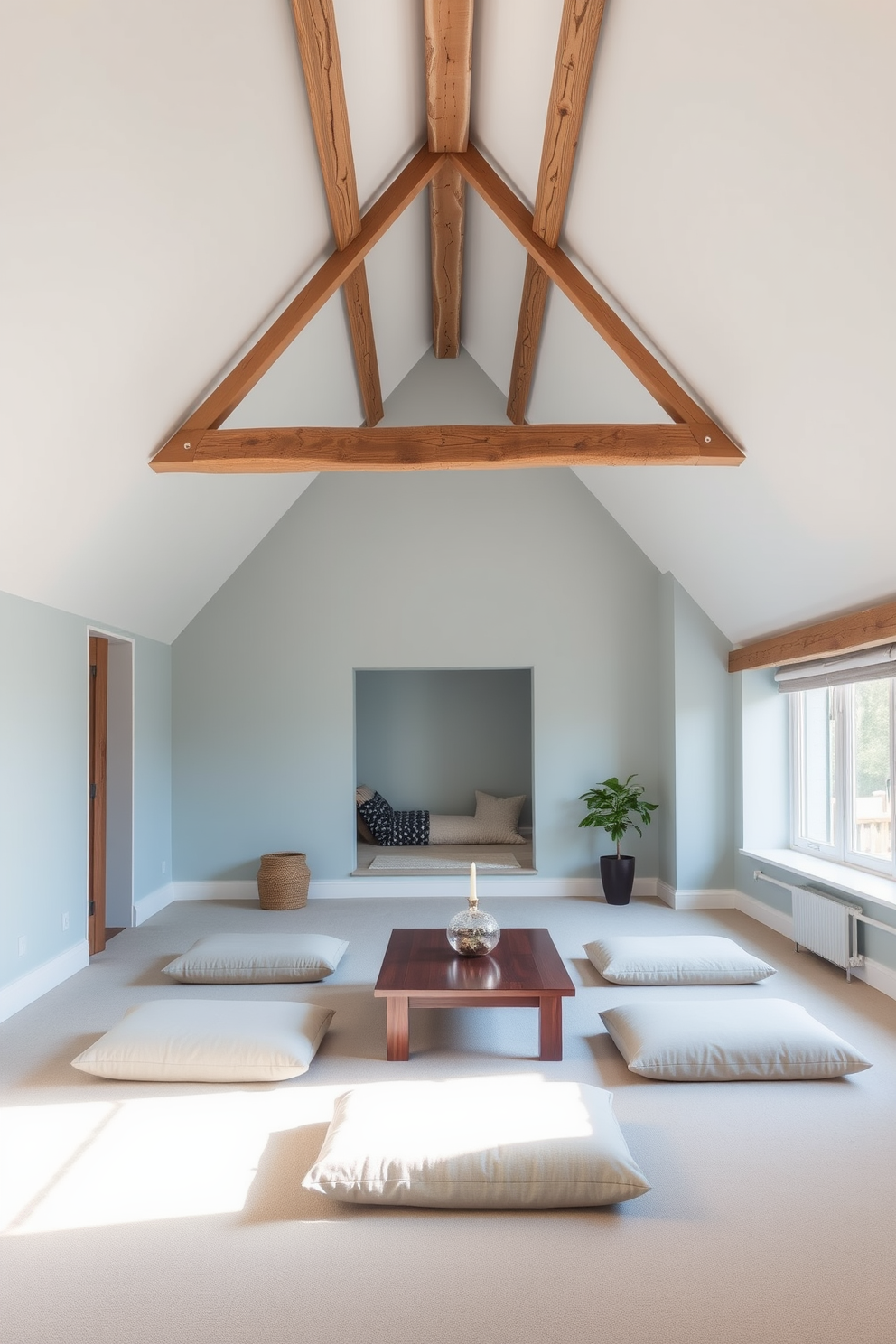 A tranquil meditation room with soft lighting. The walls are painted in a calming pale blue, and there are plush floor cushions arranged around a low wooden table. Large attic design ideas that maximize space and light. The area features exposed beams and large windows, with a cozy reading nook nestled in the corner.