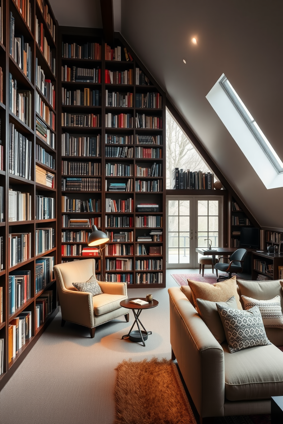 Chic library with floor-to-ceiling bookshelves. The room features a cozy reading nook with a plush armchair and a small side table, illuminated by a vintage floor lamp. Large attic design ideas. The space is transformed into a multifunctional area with a comfortable seating arrangement, a small desk for work, and large windows allowing natural light to flood in.