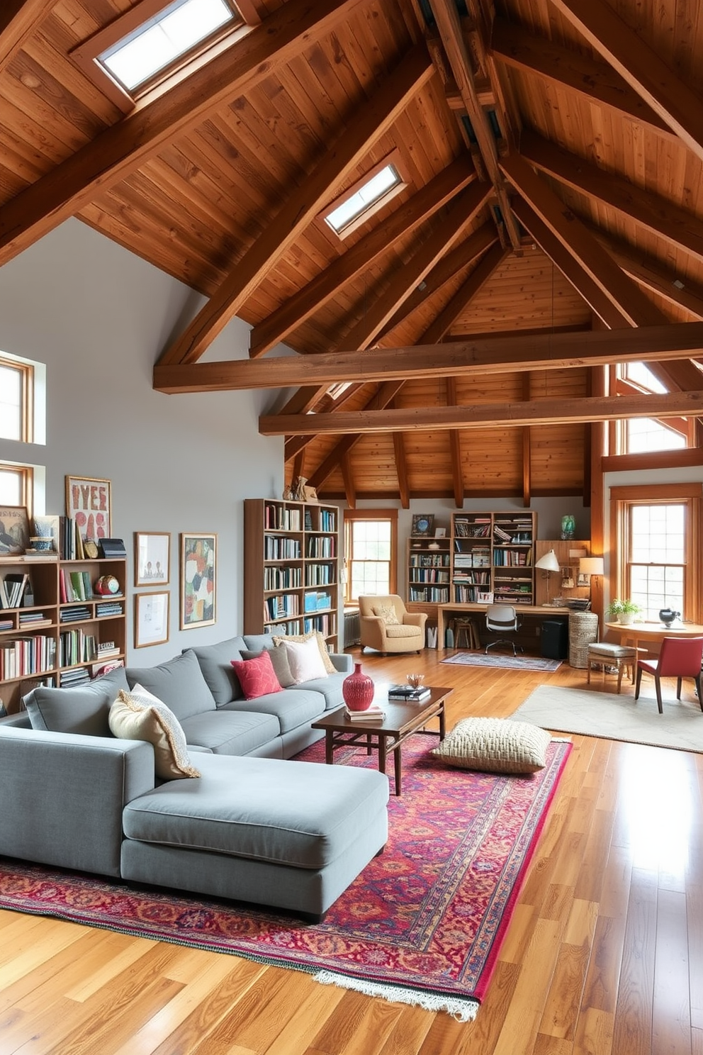 A cozy multi-purpose room designed for hobbies and relaxation features a large sectional sofa in a soft gray fabric. The walls are adorned with shelves filled with books and art supplies, while a vibrant area rug adds warmth to the hardwood floor. In the large attic, exposed wooden beams create a rustic charm, complemented by large windows that flood the space with natural light. A comfortable reading nook with plush cushions and a small table invites relaxation, while a craft area with organized supplies encourages creativity.