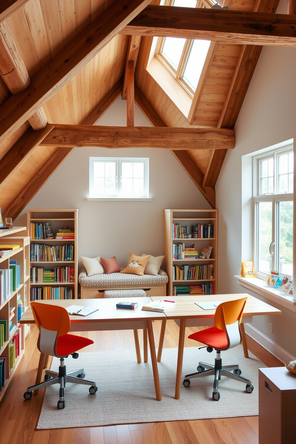 Children's study area with desks and chairs. The space features two modern desks in light wood with ergonomic chairs, surrounded by colorful bookshelves filled with children's books and art supplies. Large attic design ideas. The attic is transformed into a cozy retreat with exposed wooden beams, a plush reading nook, and large windows that let in natural light, creating an inviting atmosphere.