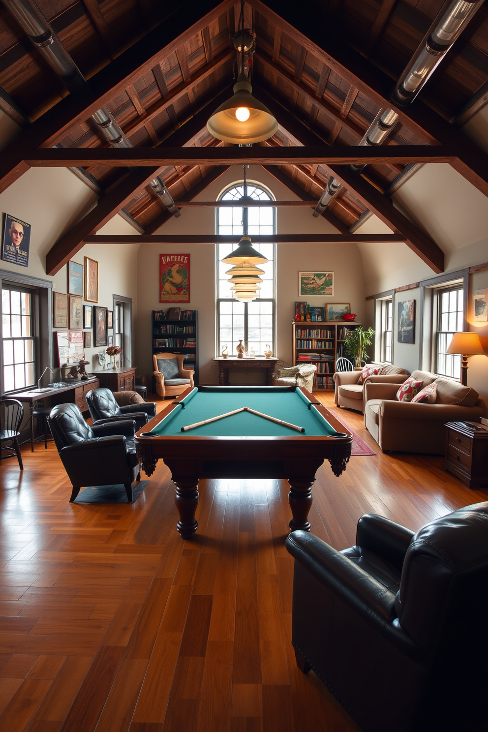 A vintage game room with retro decor features a classic wooden pool table at the center surrounded by comfortable leather chairs. The walls are adorned with vintage posters and memorabilia, while a warm wooden floor adds to the nostalgic ambiance. For large attic design ideas, imagine a spacious and airy loft space with exposed beams and large windows that flood the room with natural light. Cozy seating areas with plush cushions and a small library nook create an inviting atmosphere perfect for relaxation and creativity.