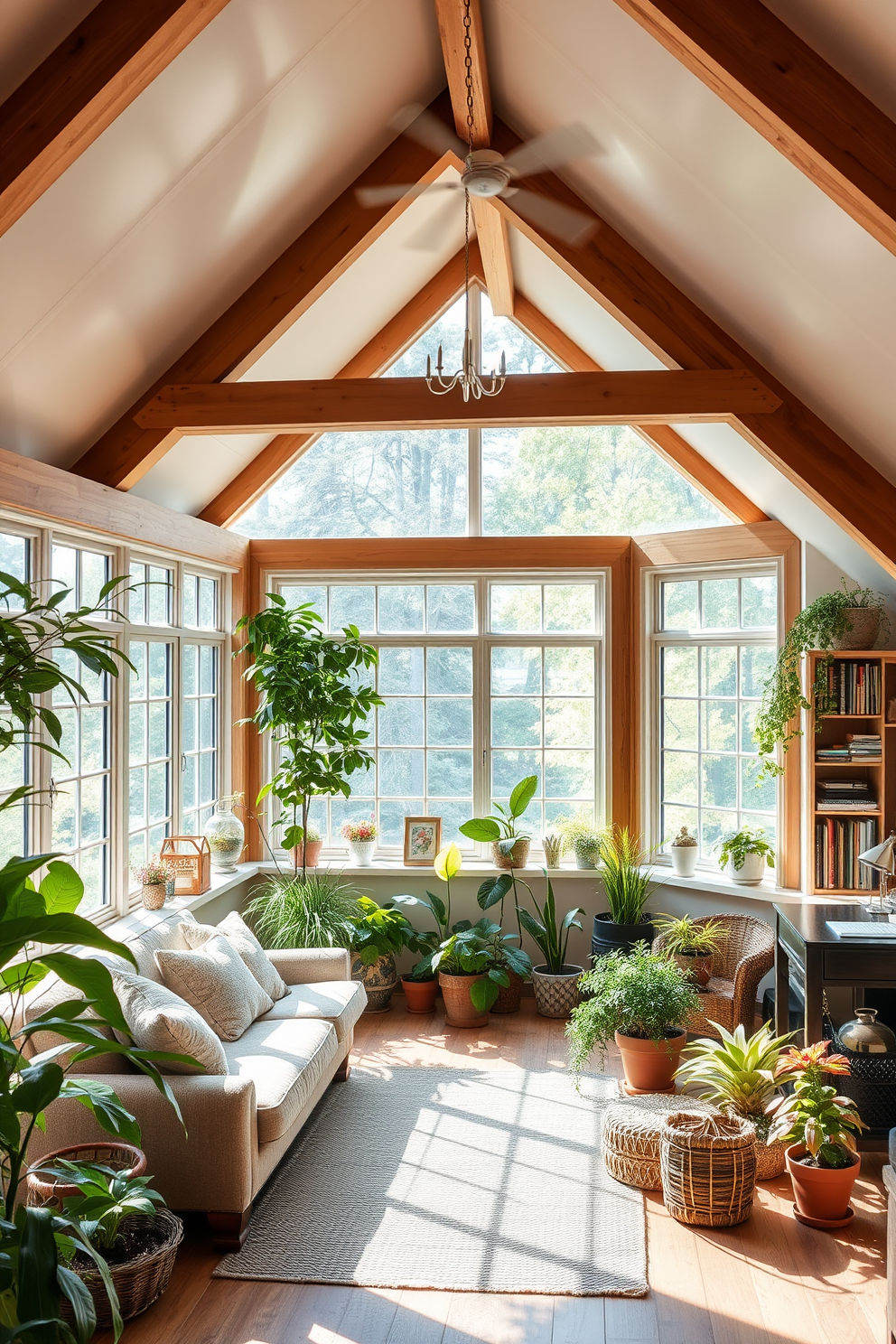 Bright sunroom with plants and seating. The room is filled with natural light streaming through large windows, creating a warm and inviting atmosphere. Comfortable seating arrangements are positioned to encourage relaxation and conversation, surrounded by lush greenery and colorful potted plants. Large attic design ideas. The attic features exposed wooden beams and sloped ceilings, creating a cozy and charming space. Thoughtful design elements include a reading nook with plush cushions and bookshelves, along with a workspace that maximizes the unique architectural features of the room.