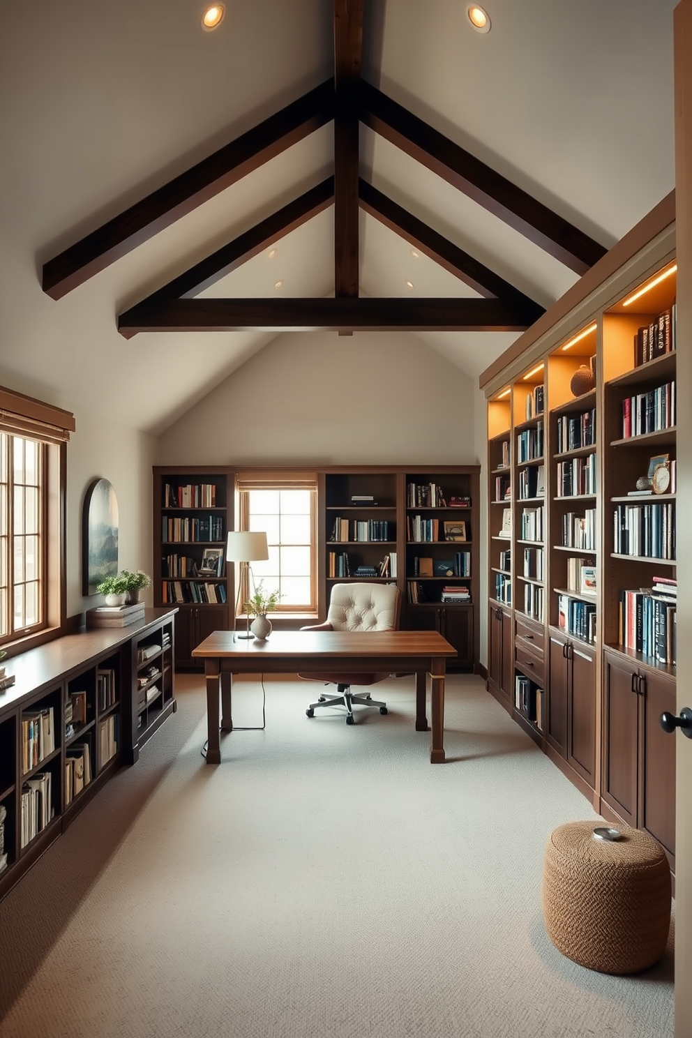 Spacious home office with built-in shelves. The room features a large wooden desk positioned in front of a window, allowing natural light to flood the space. Large attic design ideas. The attic is transformed into a cozy reading nook with a plush armchair, soft lighting, and built-in bookshelves lining the walls.