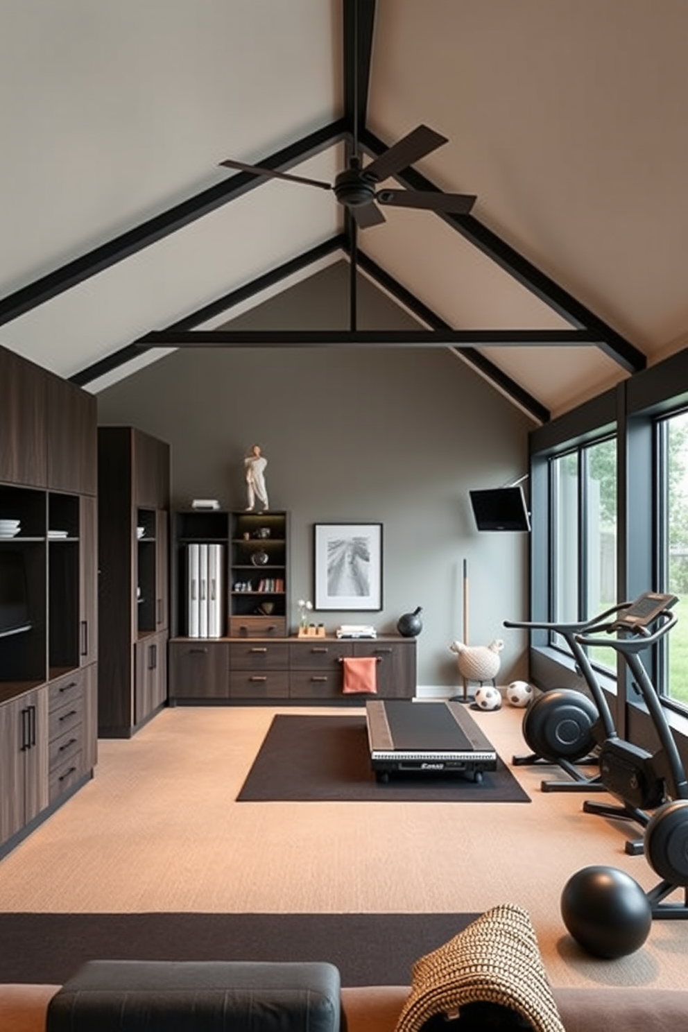 A stylish home gym featuring sleek fitness equipment neatly arranged against one wall. The space includes ample storage solutions such as cabinets and shelves, with large windows allowing natural light to flood in. Large attic design ideas that maximize space while maintaining a cozy atmosphere. The design incorporates comfortable seating, stylish storage options, and decorative elements that enhance the charm of the sloped ceilings.