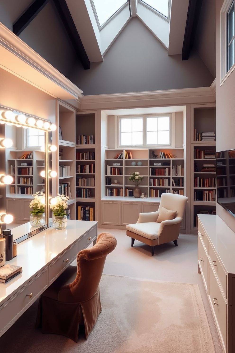 Elegant dressing room with ample lighting. The space features a plush velvet chaise lounge and a large, illuminated vanity mirror surrounded by soft white bulbs. Large attic design ideas. The attic is transformed into a cozy reading nook with built-in bookshelves, a comfortable armchair, and large windows that let in natural light.