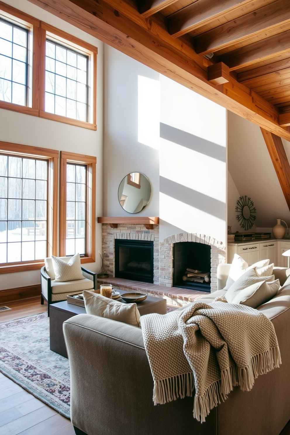 Cozy fireplace seating area with blankets. The space features a plush sectional sofa adorned with soft throw pillows and a warm blanket draped over the armrest. Large attic design ideas. The room showcases exposed wooden beams and large windows that flood the space with natural light, creating a bright and inviting atmosphere.