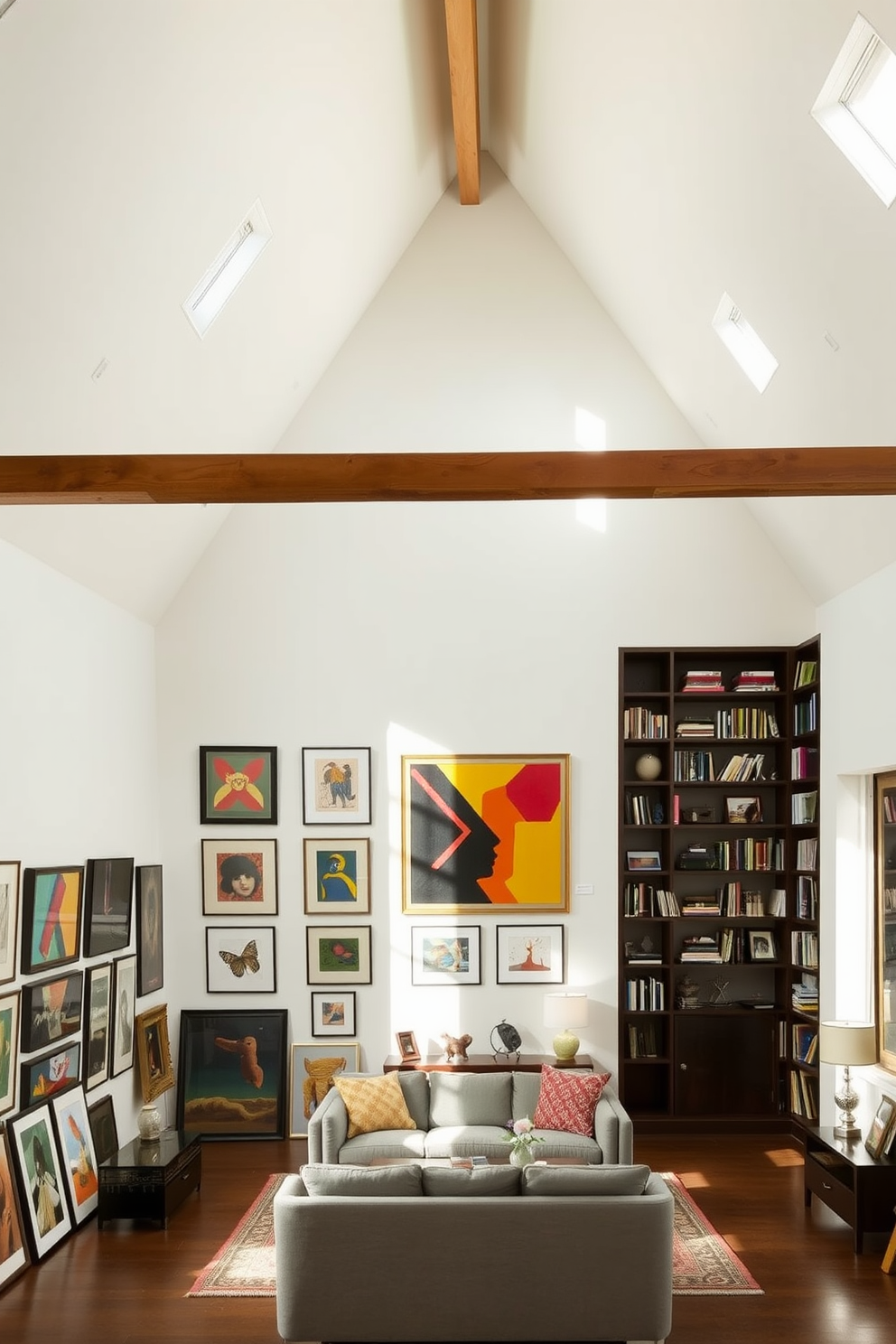 A unique art gallery showcasing personal collections features high ceilings and large windows that allow natural light to flood the space. The walls are painted in a crisp white, providing a perfect backdrop for an array of colorful artwork displayed in sleek frames. Large attic design ideas create a cozy yet functional space with exposed wooden beams and soft, ambient lighting. A comfortable seating area is arranged with plush furniture, while built-in shelves display books and decorative items, enhancing the charm of the attic.