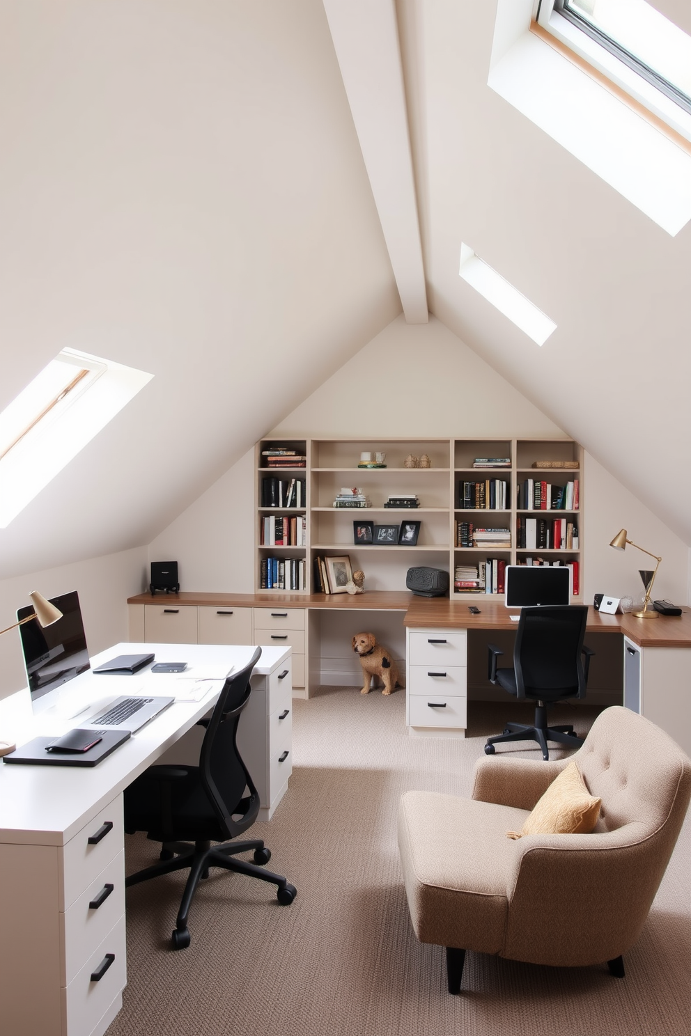 A functional home office with dual workstations features two sleek desks positioned parallel to each other. Each workstation is equipped with ergonomic chairs, ample storage, and modern desk lamps, creating an efficient and comfortable workspace. Large attic design ideas include a cozy reading nook with built-in bookshelves and a plush armchair. The space is illuminated by skylights, and soft, neutral colors on the walls enhance the airy feel while maintaining a warm atmosphere.