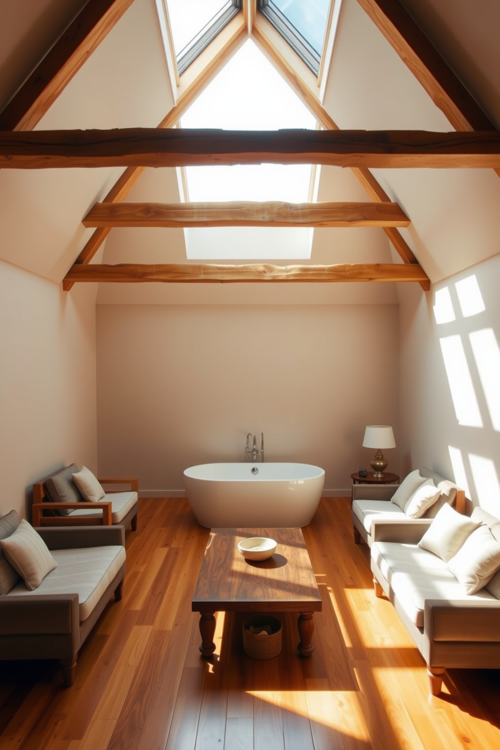 A luxurious spa room featuring a large soaking tub centered beneath a skylight that floods the space with natural light. The walls are adorned with soft beige tones, and the floor is covered with warm wooden planks that create a serene atmosphere. In the large attic design, exposed wooden beams stretch across the ceiling, giving the space a rustic charm. Cozy seating areas with plush cushions are arranged around a central coffee table, creating an inviting nook for relaxation.