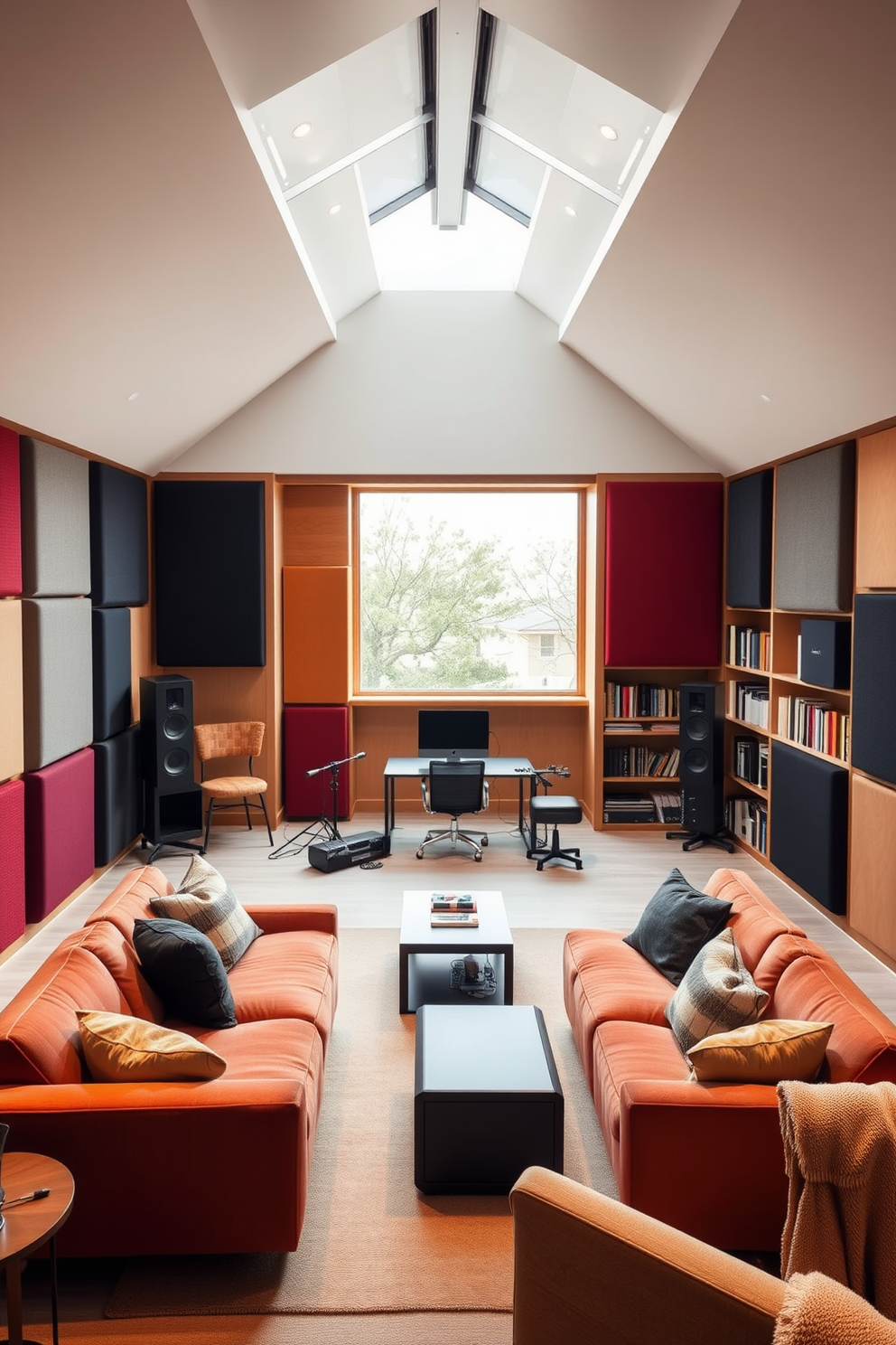 A creative music studio with soundproofing features an open layout filled with natural light. The walls are lined with acoustic panels in various colors, and a comfortable seating area is set up with plush sofas and a coffee table. Large attic design ideas showcase a cozy reading nook with built-in bookshelves and a skylight overhead. The space is decorated with soft textiles and warm lighting, creating an inviting atmosphere for relaxation and creativity.