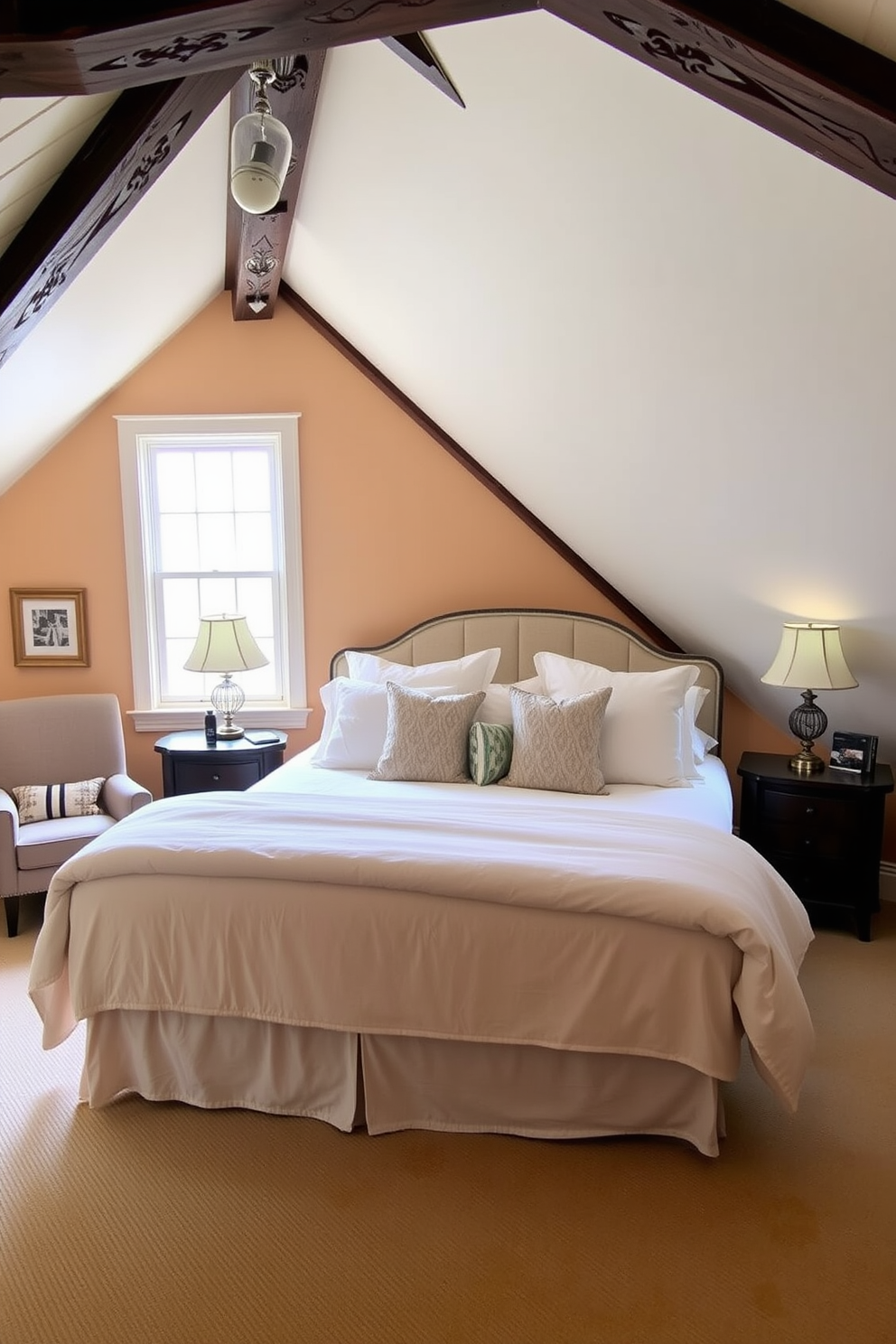 Charming guest bedroom with sloped ceilings featuring a cozy queen-sized bed dressed in soft linens and plush pillows. A pair of vintage nightstands with elegant lamps sit on either side of the bed, and a large window allows natural light to fill the space. The walls are painted in a warm, inviting color, and rustic wooden beams add character to the ceiling. A comfortable reading nook with a small armchair and a bookshelf is tucked into one corner, creating a perfect retreat for guests.