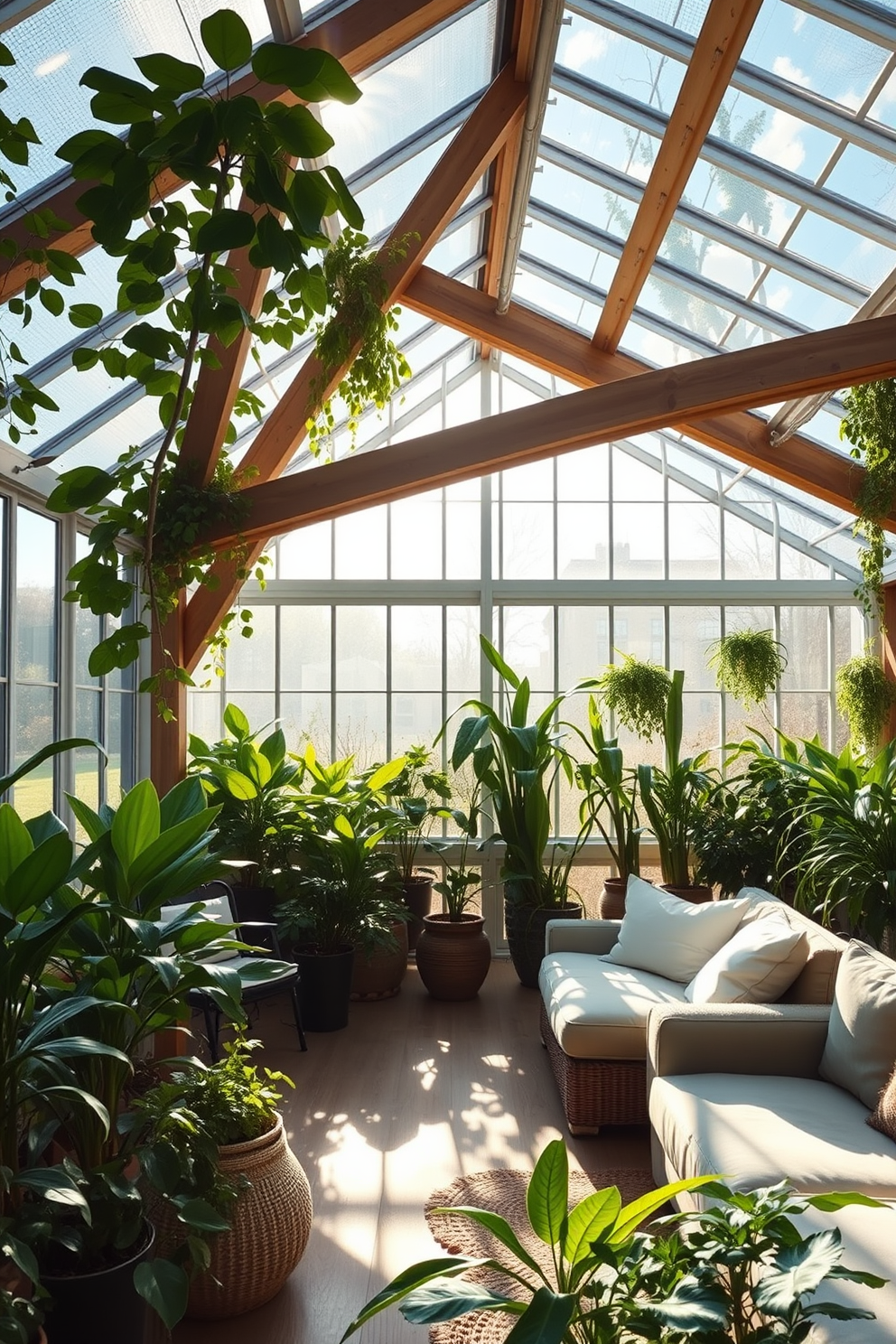 A bright and airy greenhouse filled with lush green plants. Sunlight streams through large glass windows, illuminating the space and creating a tranquil atmosphere. A spacious attic transformed into a cozy retreat. The design features exposed wooden beams, soft lighting, and comfortable seating areas, perfect for relaxation and creativity.