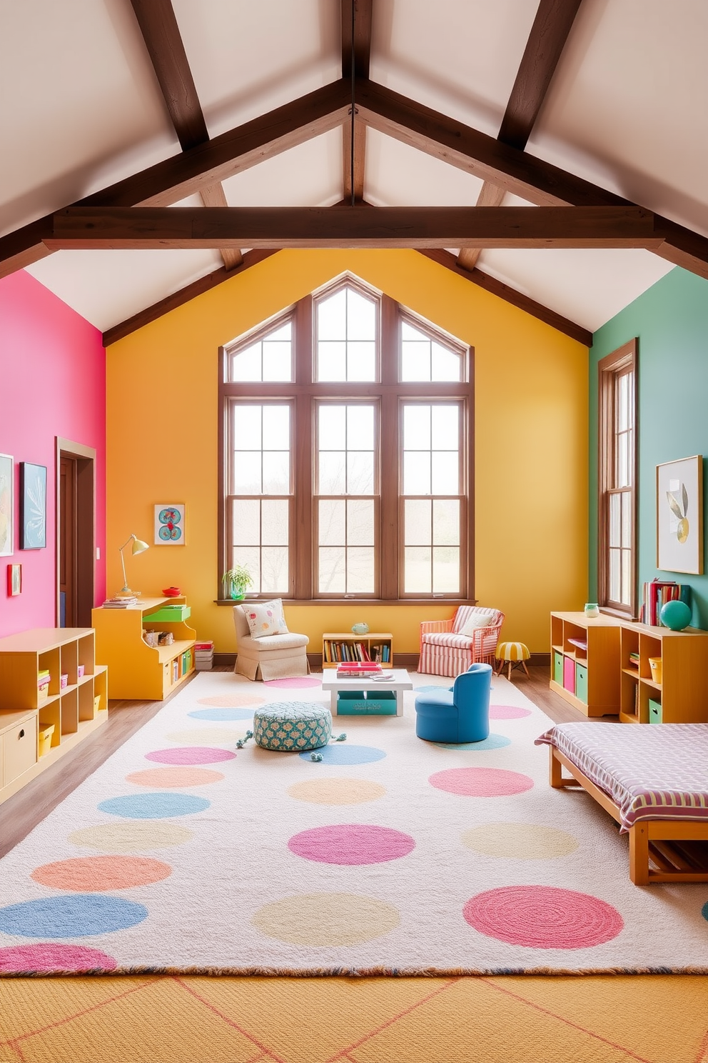 Bright playroom with colorful decor. The walls are painted in vibrant hues with playful wall art and a soft carpet in cheerful patterns. Large attic design ideas. The space features exposed beams with cozy seating areas and large windows that allow natural light to flood in.