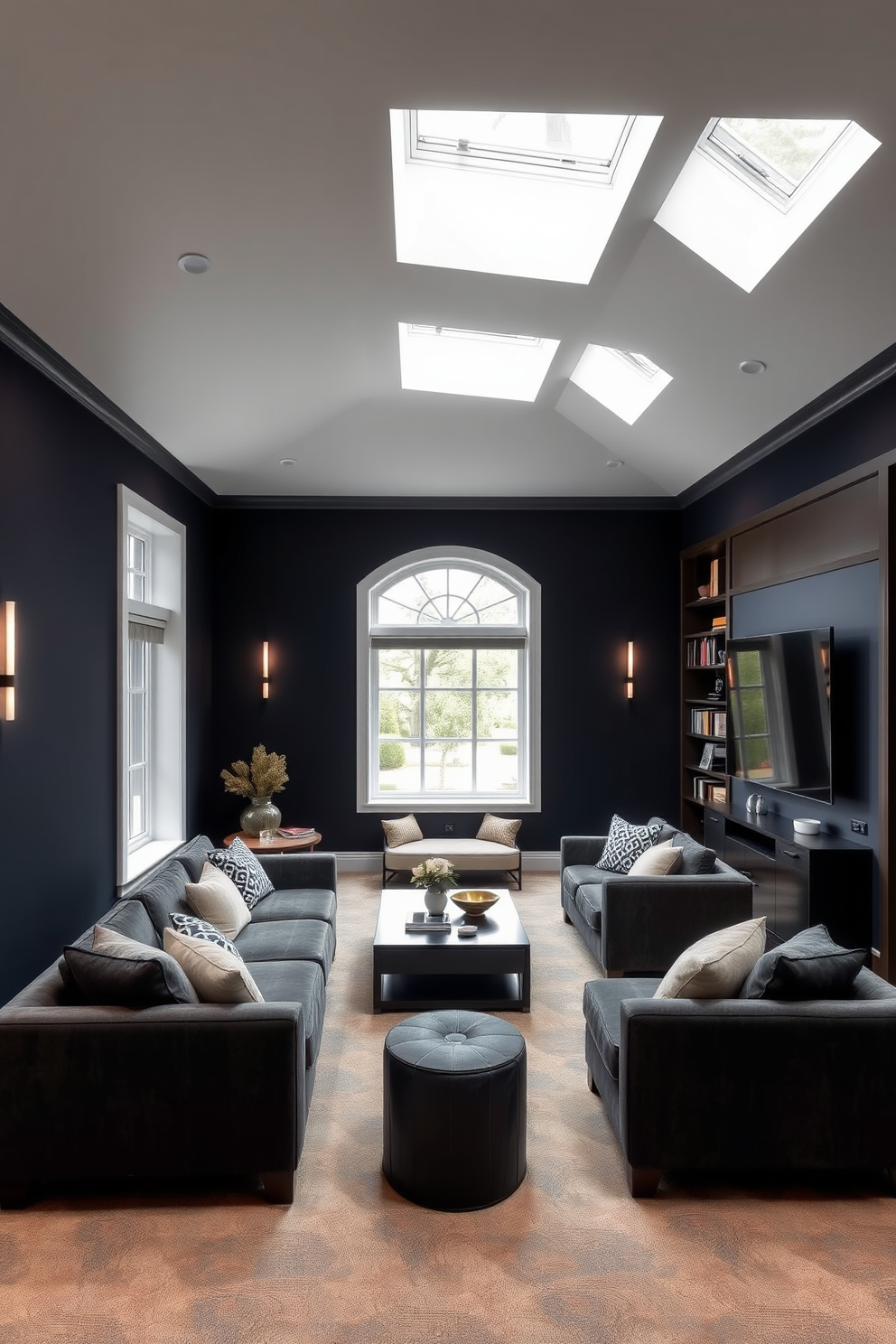 A stylish media room featuring plush seating arranged in a cozy layout. The walls are painted in a deep navy blue, with a large flat-screen television mounted above a sleek entertainment unit. For the large attic design, envision a spacious area filled with natural light from skylights. The space includes a comfortable reading nook with a built-in bookshelf and a chic seating arrangement.