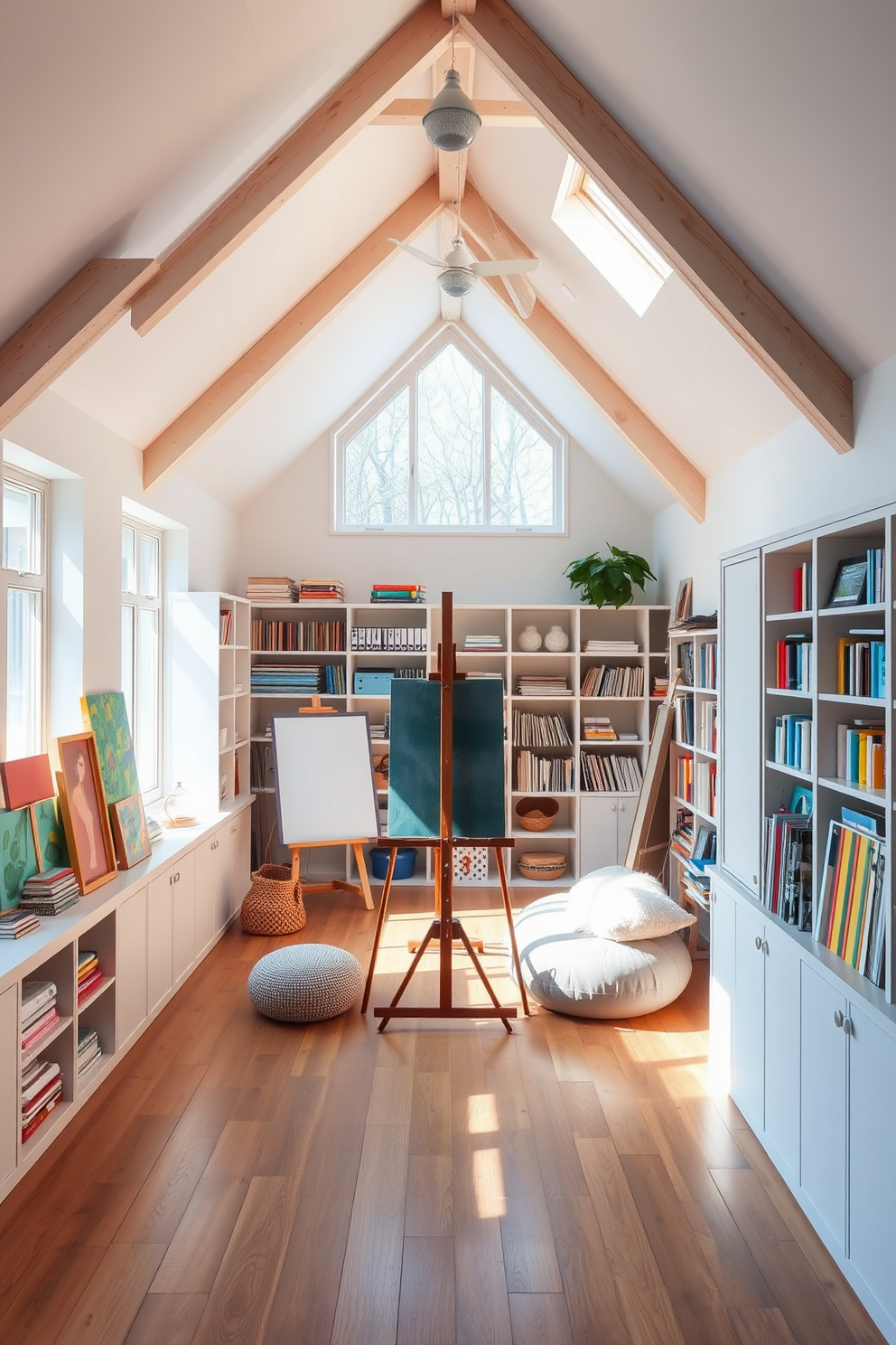 Art studio with natural light and storage. The room features large windows that flood the space with sunshine, illuminating the white walls and wooden floors. Shelving units line one side, filled with art supplies and colorful canvases. A large easel stands in the center, surrounded by a cozy seating area for inspiration. Large attic design ideas. The space is transformed into a cozy retreat with sloped ceilings and exposed beams, painted in soft pastel colors. A comfortable reading nook with plush cushions is nestled under the eaves, while built-in storage solutions maximize the available space.