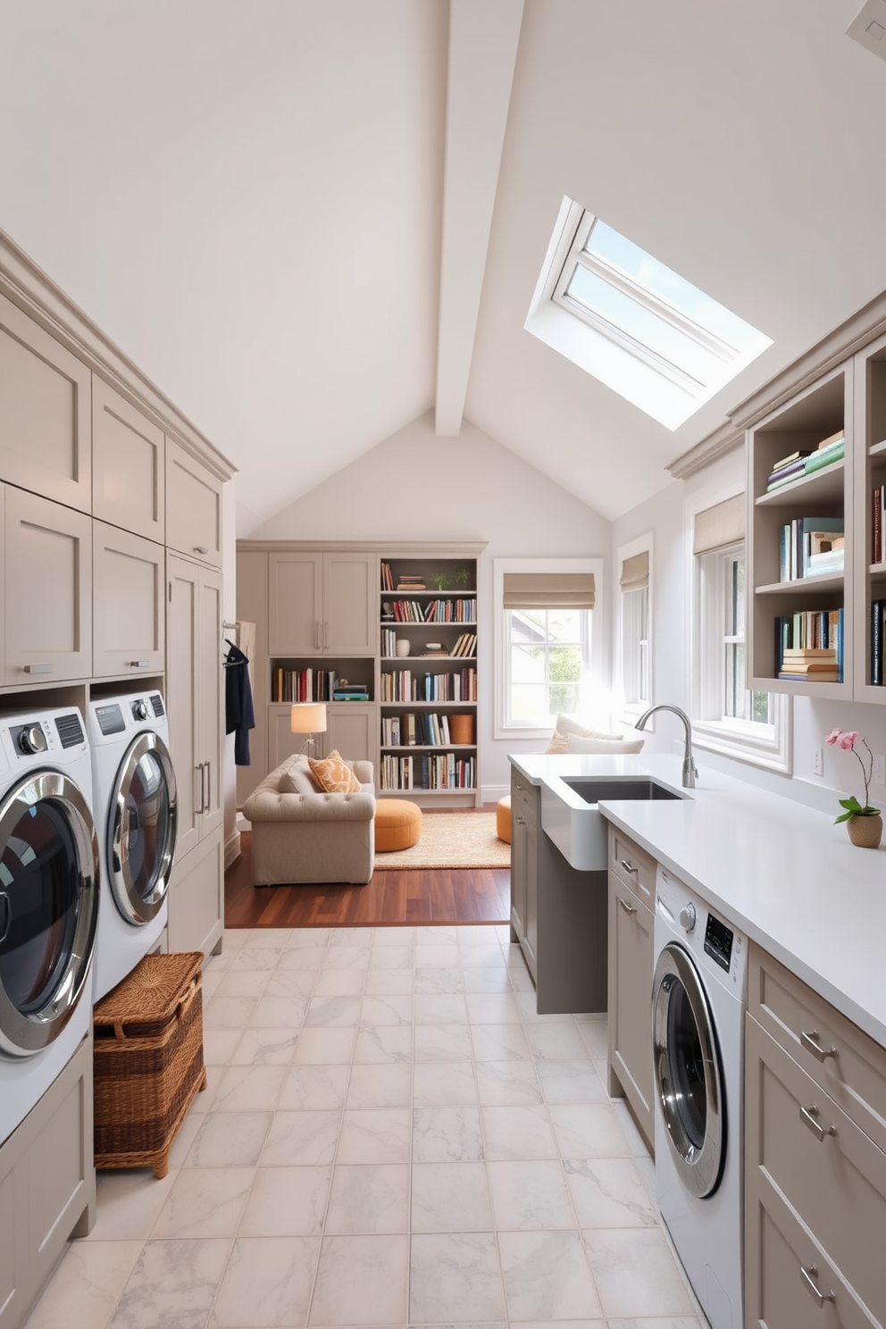 Functional laundry room with ample folding space. The room features built-in cabinetry for storage, a large countertop for folding clothes, and a deep sink for washing delicate items. Large attic design ideas that maximize space and light. The design includes cozy seating areas, built-in bookshelves, and skylights to enhance natural illumination.