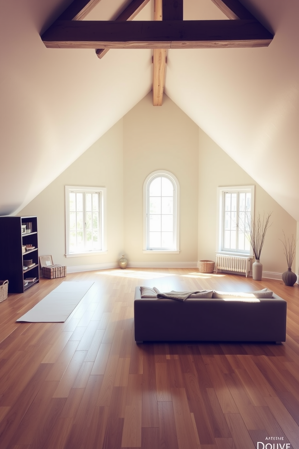 Inviting yoga studio with calming colors. The space features soft pastel walls and natural wood flooring, with large windows allowing ample natural light to fill the room. Large Attic Design Ideas. The attic is transformed into a cozy retreat with exposed beams, a plush seating area, and soft lighting that creates a warm and inviting atmosphere.