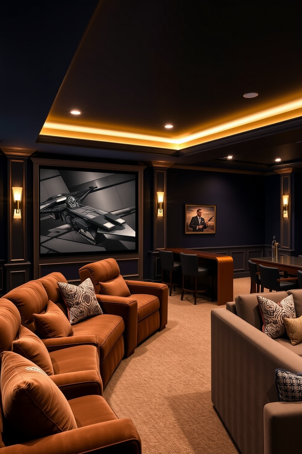 Cozy home theater with plush seating. The walls are painted in a deep navy blue, and soft ambient lighting creates a warm atmosphere. Large basement design ideas. The space features an open layout with a game area, a bar with high stools, and a cozy lounge section with a sectional sofa.