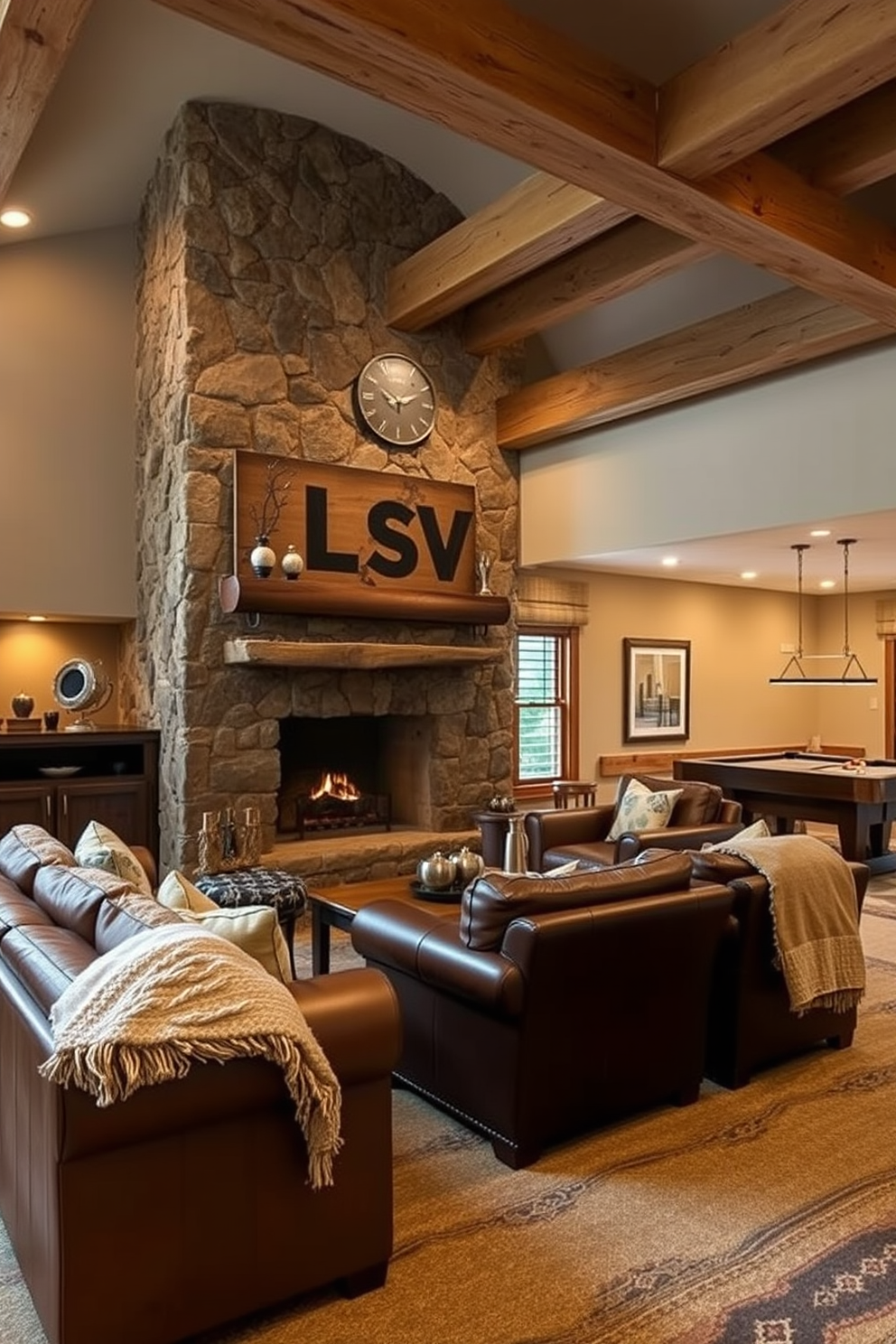 A rustic den features a stone fireplace as the focal point, surrounded by reclaimed wood accents and warm lighting. Comfortable seating includes a plush leather sofa and oversized armchairs, inviting relaxation in a cozy atmosphere. The large basement design incorporates an open layout with natural wood beams and a mix of soft textiles. A game area with a pool table and a bar counter enhances the space, making it perfect for entertaining guests.