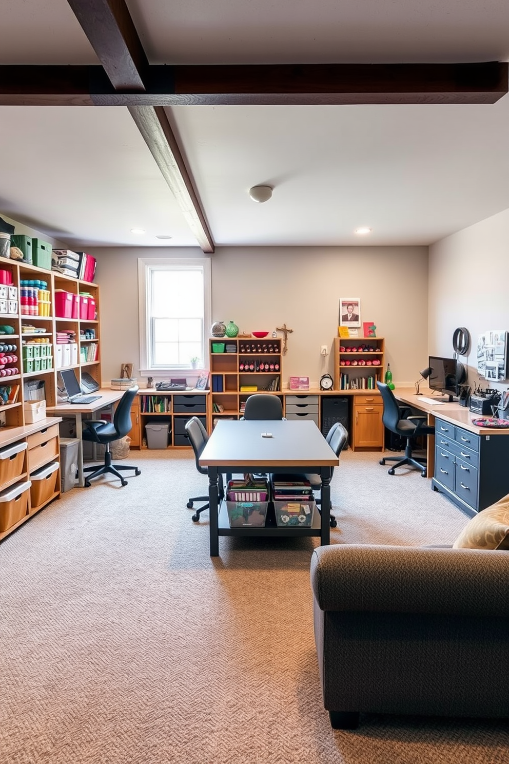 A creative craft room with organized workspaces. The room features a large central table surrounded by shelves filled with colorful materials and tools. Large basement design ideas that maximize functionality and style. The space includes a cozy seating area, a small kitchenette, and dedicated zones for hobbies and entertainment.