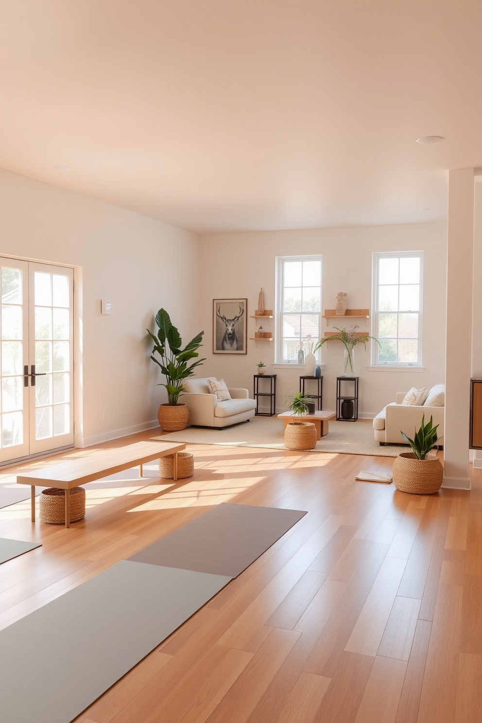 Spacious yoga studio with calming decor. The walls are painted in soft pastel colors and large windows allow natural light to flood the room. The floor is covered in warm wood, providing a comfortable surface for yoga practice. Minimalist furniture, such as low benches and plants in woven baskets, enhance the serene atmosphere. Large basement design ideas. The space features an open layout with comfortable seating areas and a bar for entertaining guests. Soft lighting creates a cozy ambiance, while wall art and decorative shelves add personality to the room.